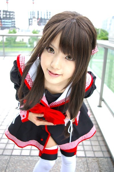 kipi-san, masuda shizuka, final approach, photo (medium), 1girl, asian, breasts, brown eyes, brown hair, cosplay, female focus, hair ribbon, long hair, looking at viewer, masuda shizuka (cosplay), mole, outdoors, ribbon, sailor collar, school uniform, serafuku, small breasts, solo, thighhighs