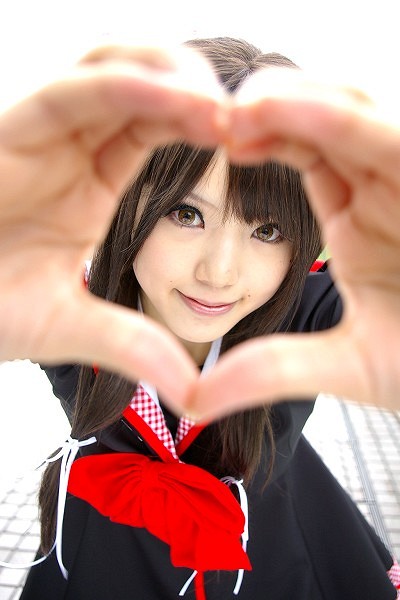 kipi-san, masuda shizuka, final approach, photo (medium), 1girl, asian, breasts, brown eyes, brown hair, cosplay, female focus, hair ribbon, heart, heart hands, long hair, looking at viewer, masuda shizuka (cosplay), mole, outdoors, ribbon, sailor collar, school uniform, serafuku, small breasts, solo
