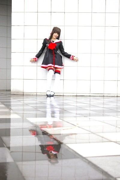 kipi-san, masuda shizuka, final approach, photo (medium), 1girl, asian, breasts, cosplay, female focus, hair ribbon, long hair, looking at viewer, masuda shizuka (cosplay), ribbon, sailor collar, school uniform, serafuku, small breasts, solo, thighhighs, zettai ryouiki