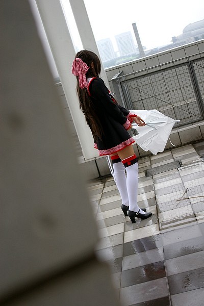 kipi-san, masuda shizuka, final approach, photo (medium), 1girl, asian, brown hair, cosplay, dutch angle, female focus, hair ribbon, long hair, looking at viewer, masuda shizuka (cosplay), mole, ribbon, sailor collar, school uniform, serafuku, solo, thighhighs, umbrella, zettai ryouiki