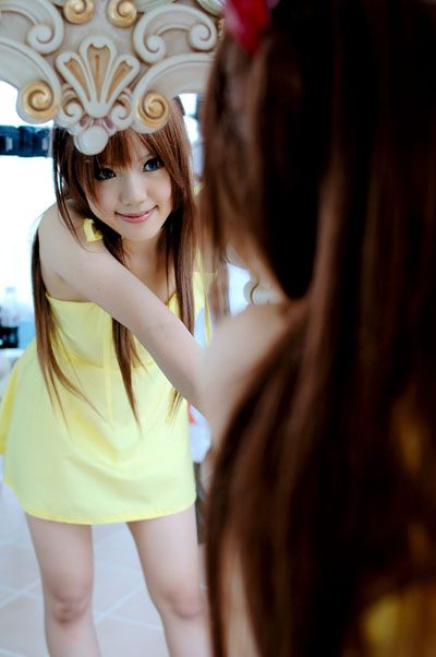 kipi-san, souryuu asuka langley, neon genesis evangelion, photo (medium), 1girl, asian, bare legs, breasts, choker, cosplay, dress, female focus, hairpods, leaning forward, long hair, looking at mirror, mirror, orange hair, petite, reflection, short dress, small breasts, solo, souryuu asuka langley (cosplay), sundress, two side up