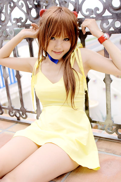 kipi-san, souryuu asuka langley, neon genesis evangelion, photo (medium), 1girl, armpits, asian, bare legs, breasts, choker, cosplay, dress, female focus, hairpods, long hair, looking at viewer, on floor, orange hair, outdoors, petite, short dress, sitting, small breasts, solo, souryuu asuka langley (cosplay), sundress, two side up