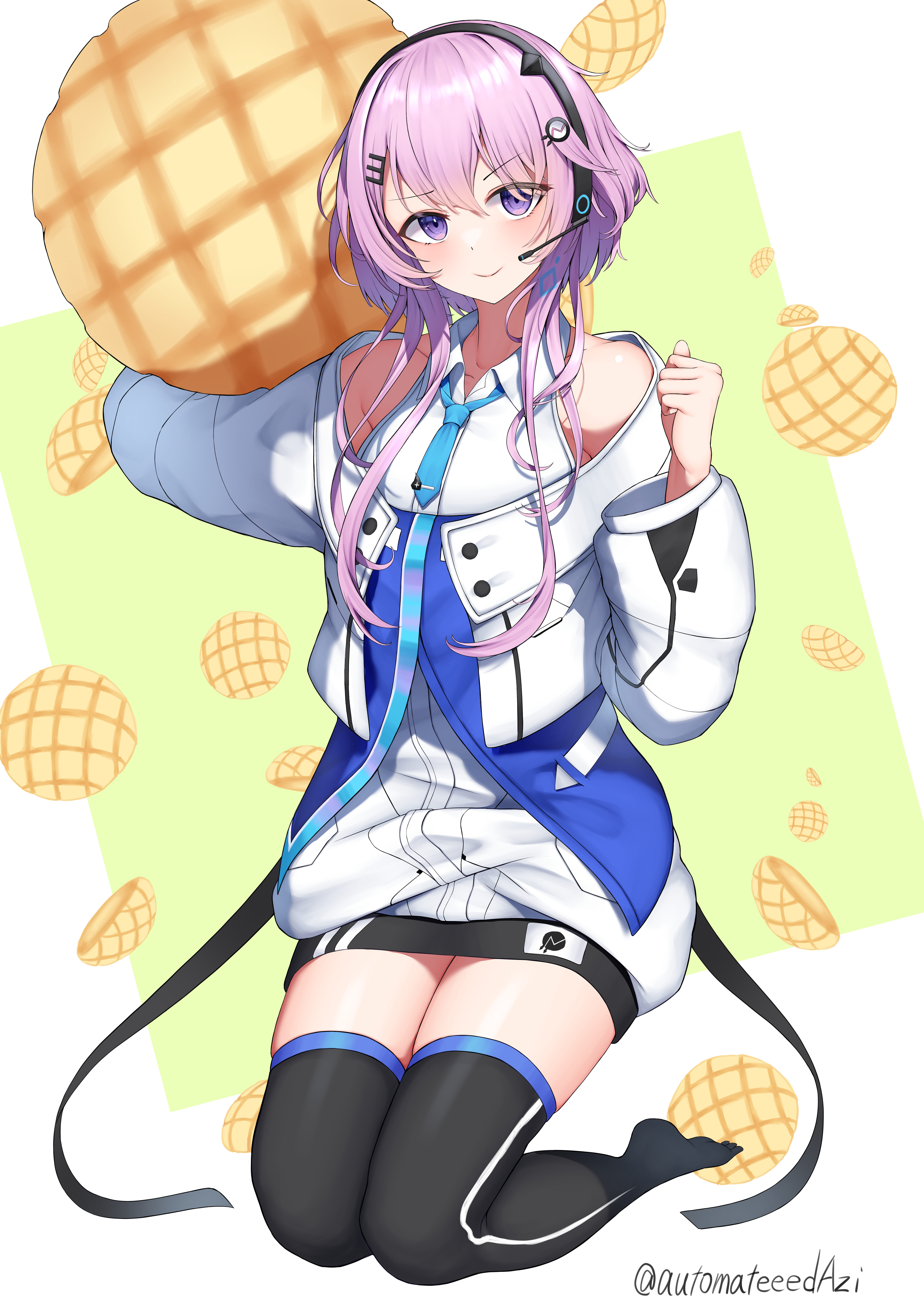 m->g, fee (cevio), cevio, absurdres, commentary request, highres, 1girl, bread, collared shirt, food, full body, hair ornament, headphones, headset, holding, holding food, jacket, kneeling, long sleeves, looking at viewer, melon bread, necktie, no shoes, oversized food, oversized object, pink hair, purple eyes, shirt, short hair with long locks, sleeveless, sleeveless shirt, smile, solo, thighhighs