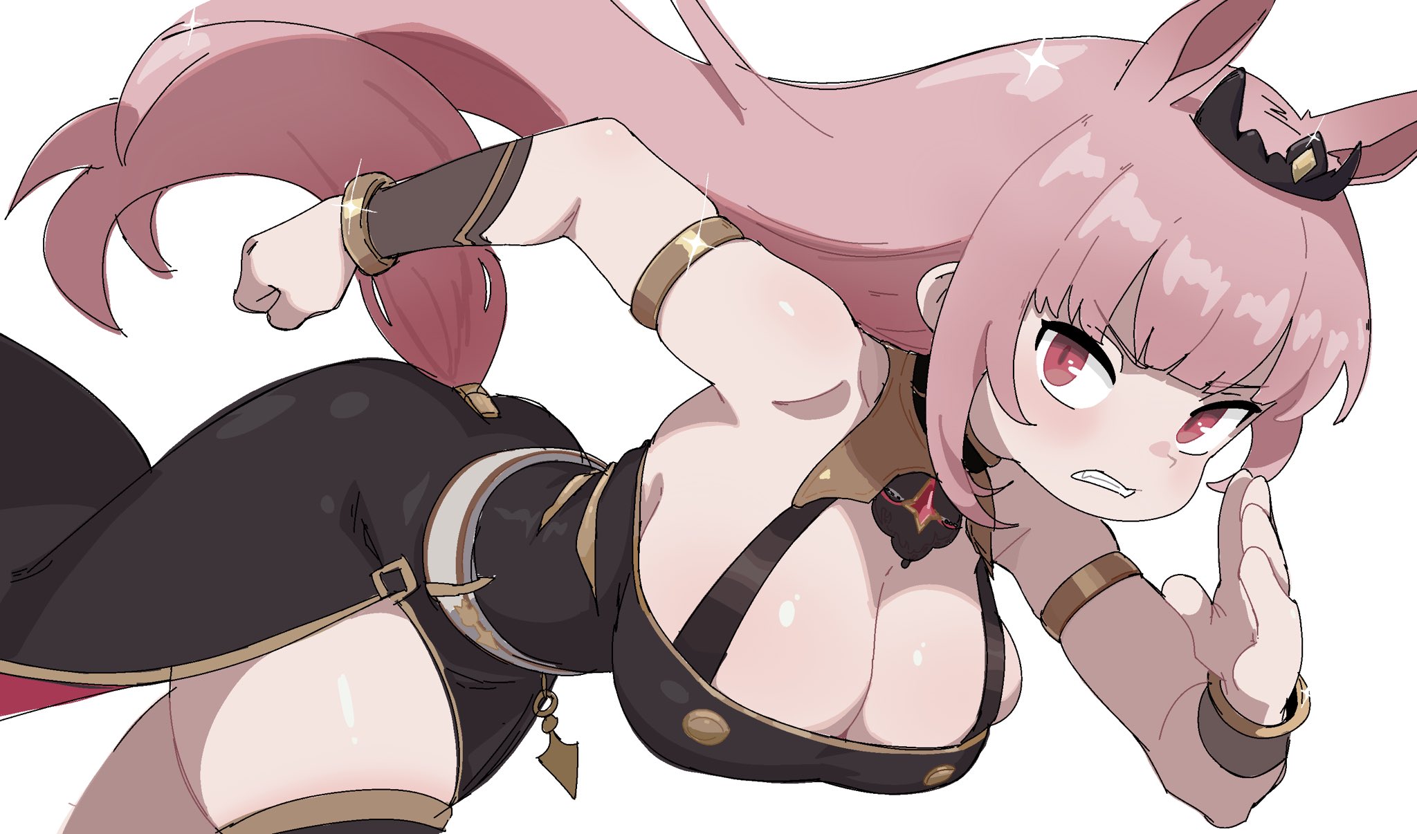 fruithead, mori calliope, mori calliope (1st costume), hololive, hololive english, umamusume, highres, 1girl, animal ears, armlet, bare shoulders, bent over, black dress, blush, breasts, cleavage, clenched teeth, dress, horse ears, horse girl, horse tail, jewelry, kemonomimi mode, large breasts, long hair, pink hair, red eyes, running, simple background, solo, sparkle, tail, teeth, tiara, white background
