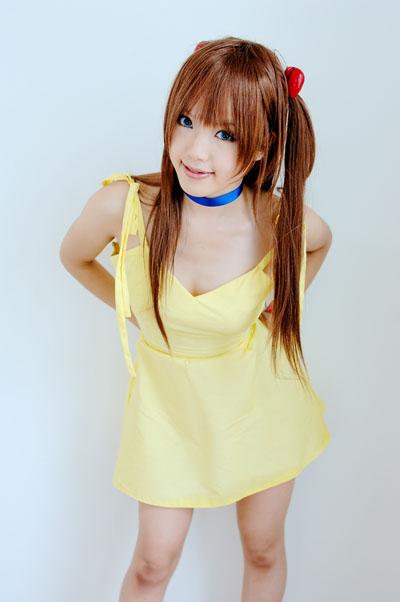 kipi-san, souryuu asuka langley, neon genesis evangelion, photo (medium), 1girl, asian, bare legs, breasts, choker, cosplay, dress, female focus, hairpods, long hair, looking at viewer, orange hair, outdoors, petite, short dress, small breasts, solo, souryuu asuka langley (cosplay), sundress, two side up