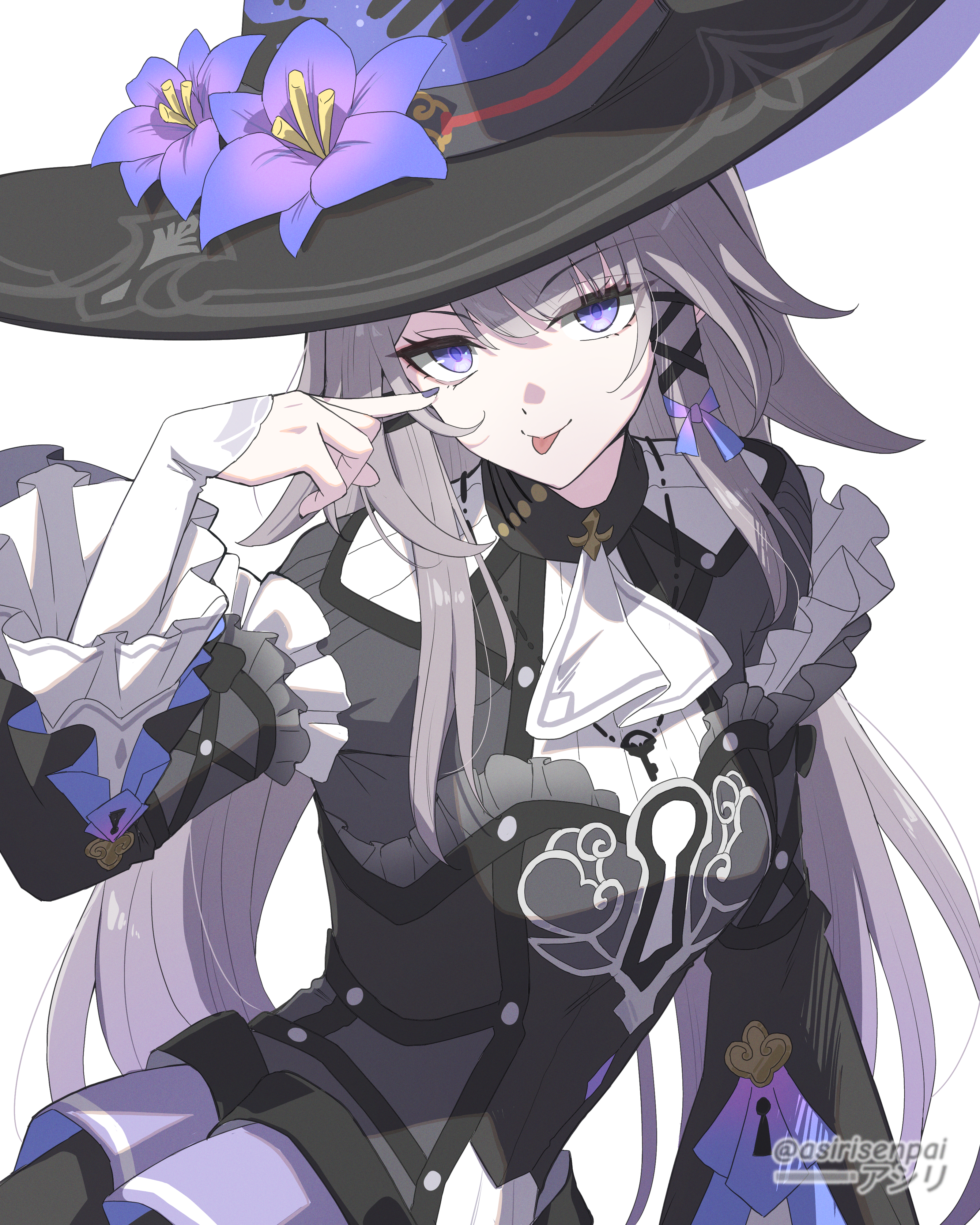asiri senpai, herta (honkai: star rail), the herta (honkai: star rail), honkai: star rail, honkai (series), absurdres, highres, 1girl, :p, adapted costume, akanbe, black dress, black hat, black nails, breasts, dress, eyelid pull, finger to eye, grey hair, hat, jewelry, key, key necklace, long hair, looking at viewer, medium breasts, necklace, purple eyes, simple background, solo, tongue, tongue out, upper body, white background, witch hat