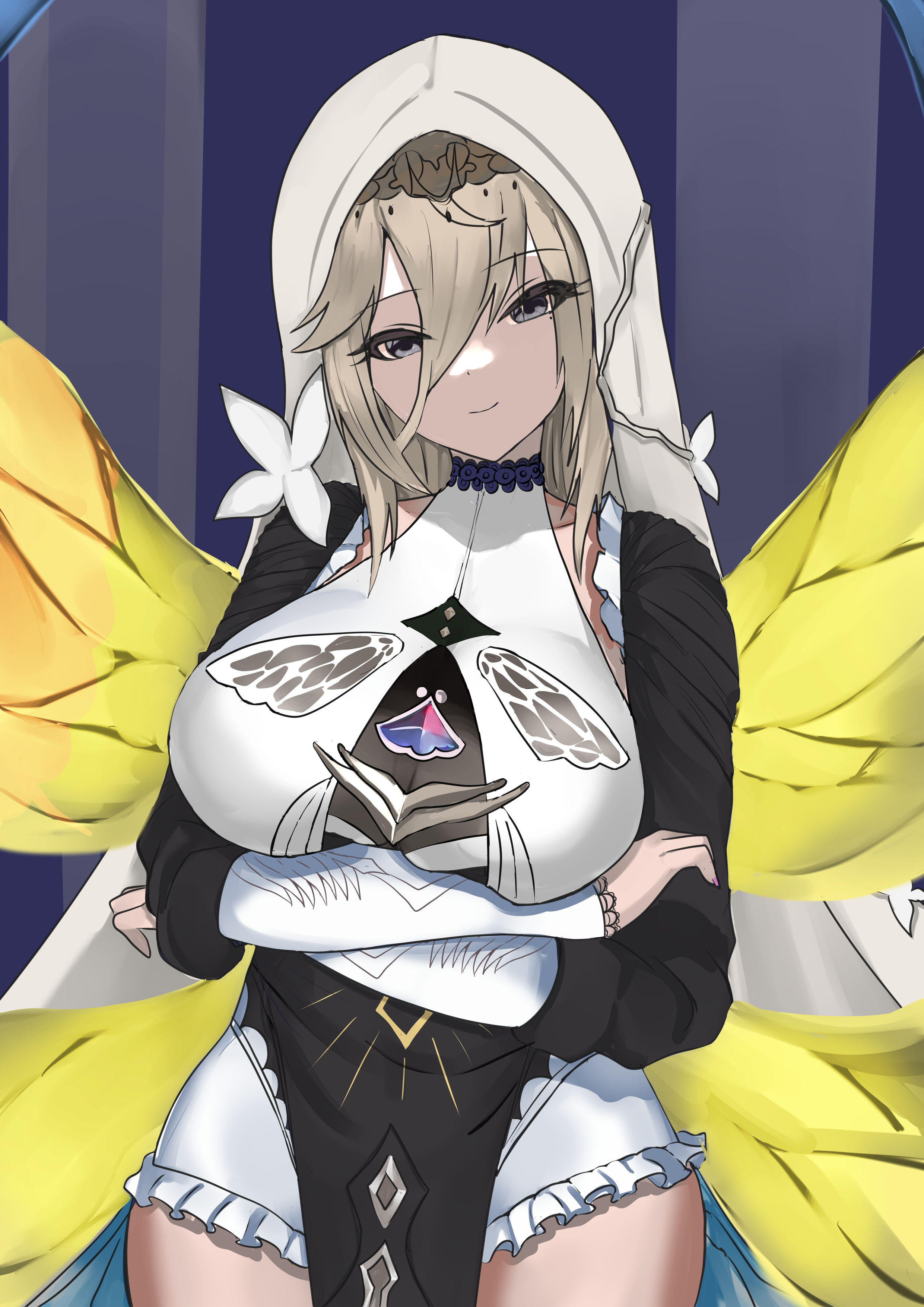 tian kazuki, aponia, honkai (series), honkai impact 3rd, absurdres, commentary, highres, 1girl, black dress, blonde hair, blue eyes, breasts, butterfly wings, crossed arms, dress, insect wings, large breasts, looking at viewer, mole, mole under eye, pelvic curtain, short hair, smile, solo, thighs, veil, white veil, wings