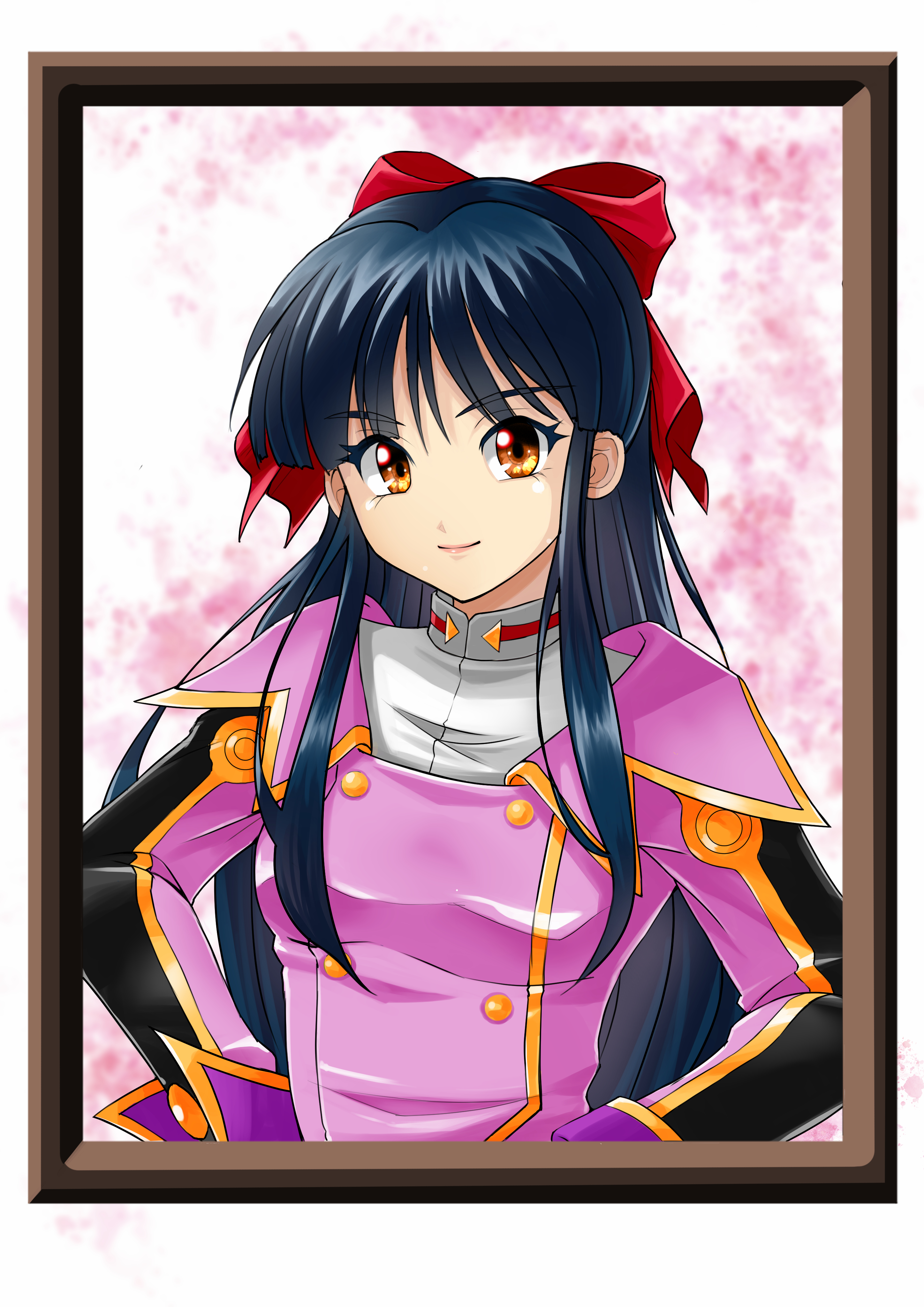 shinguuji sakura, sakura taisen, sega, highres, 1girl, blue hair, bow, breasts, brown eyes, hair ribbon, hands on own hips, long hair, looking at viewer, medium breasts, pink lips, ponytail, portrait, red bow, ribbon, smile, solo