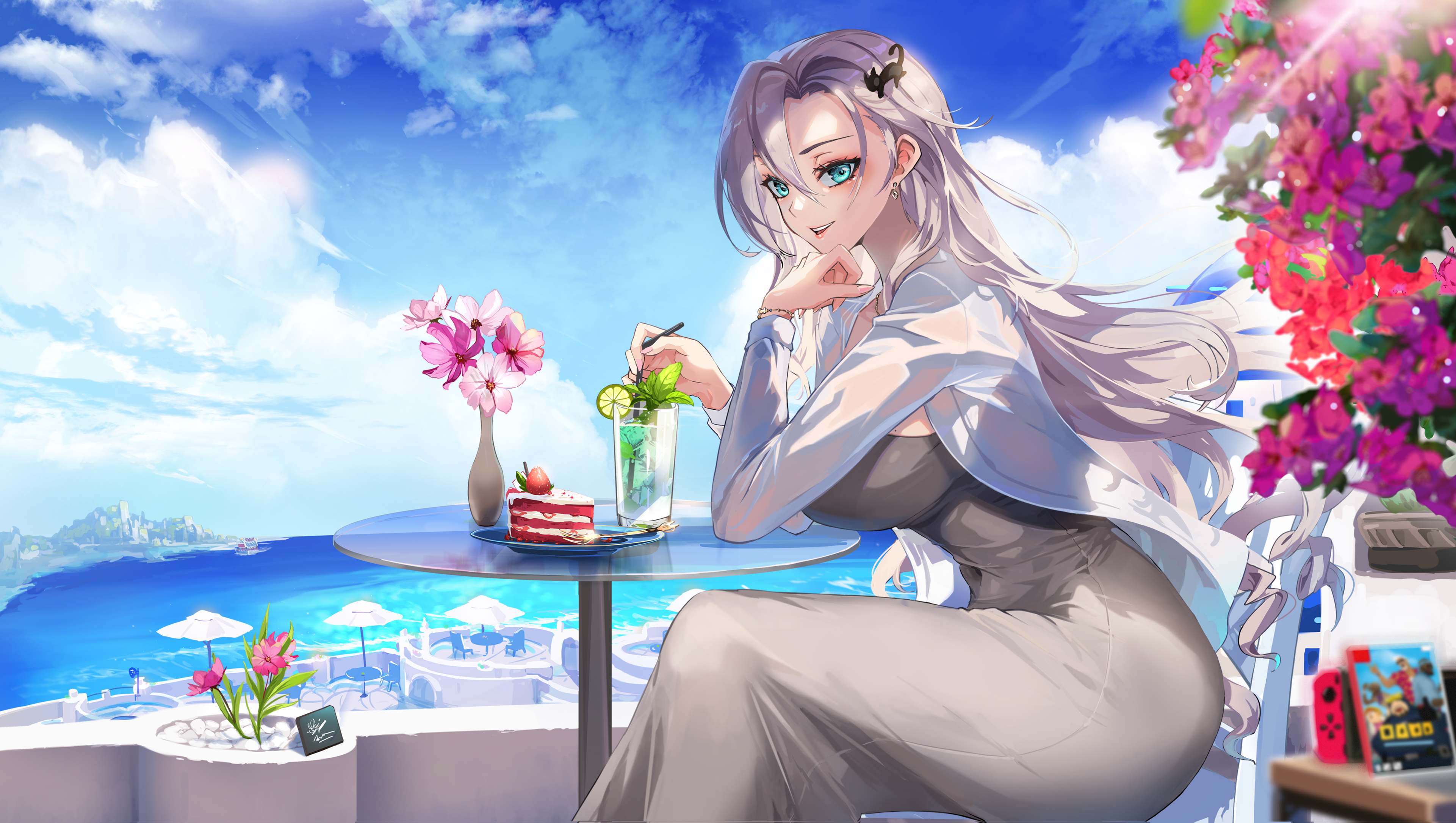freyja (master of eternity), dave the diver, master of eternity, absurdres, artist request, bad source, commentary request, highres, korean commentary, variant set, 1girl, aqua eyes, blue sky, blurry, blurry foreground, boat, breasts, cake, cake slice, cat hair ornament, chair, cloud, cloudy sky, cup, day, dress, drink, drinking glass, earrings, elbow on table, flower, food, fork, from side, fruit, glass table, grey dress, grey hair, hair ornament, hand on own chin, ice, ice cube, jewelry, large breasts, lime (fruit), lime slice, long hair, looking at viewer, nintendo switch, ocean, on chair, open clothes, open mouth, open shirt, outdoors, pink flower, plant, plate, potted plant, round table, see-through clothes, see-through shirt, shirt, sitting, sky, smile, solo, strapless, strapless dress, strawberry cake, sunlight, table, teeth, terrace, tight clothes, umbrella, upper teeth only, vase, video game, watercraft, white shirt