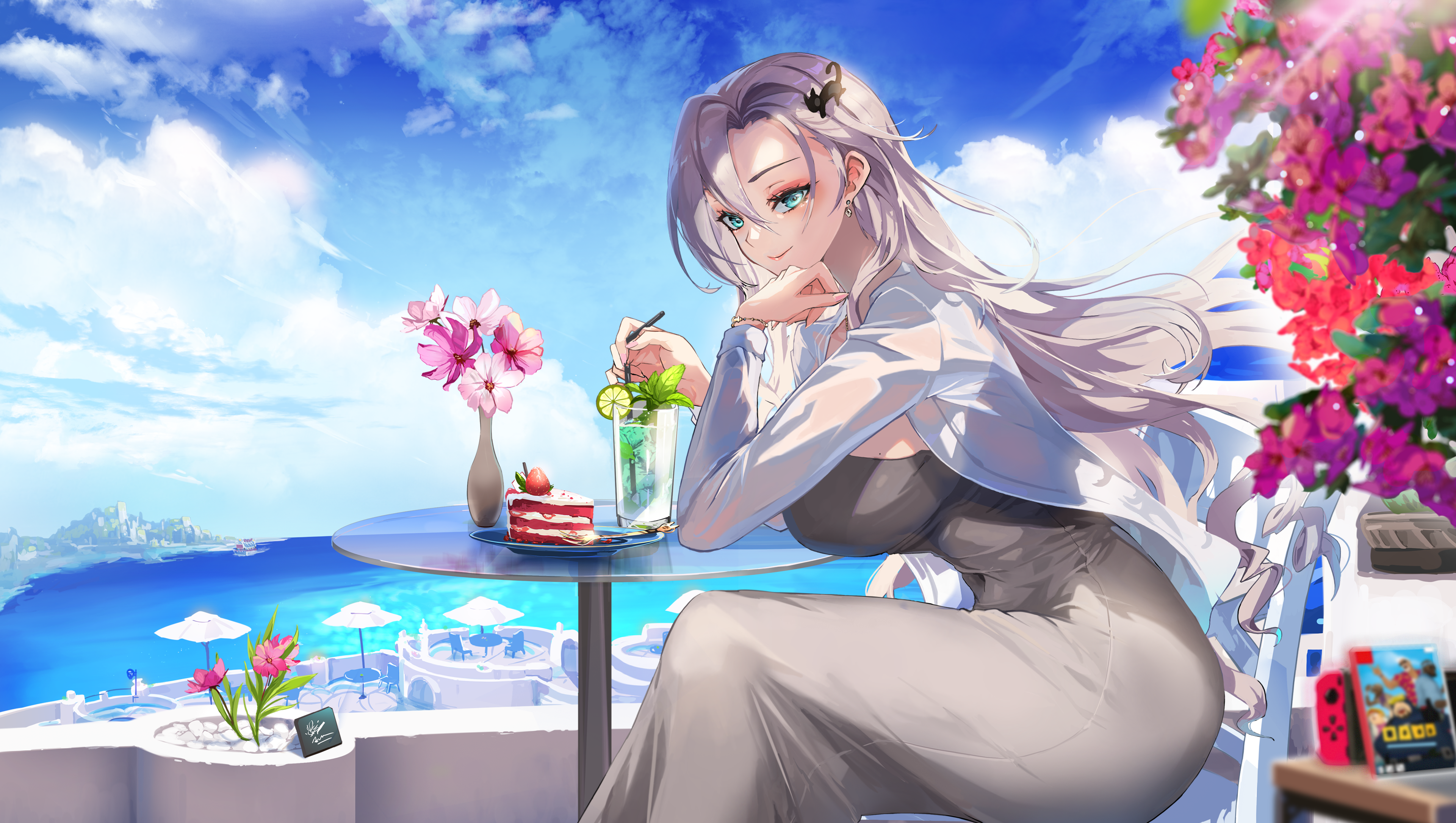 freyja (master of eternity), dave the diver, master of eternity, absurdres, artist request, bad source, commentary request, highres, korean commentary, variant set, 1girl, aqua eyes, blue sky, blurry, blurry foreground, boat, breasts, cake, cake slice, cat hair ornament, chair, closed mouth, cloud, cloudy sky, cup, day, dress, drink, drinking glass, earrings, elbow on table, flower, food, fork, from side, fruit, glass table, grey dress, grey hair, hair ornament, hand on own chin, ice, ice cube, jewelry, large breasts, lime (fruit), lime slice, long hair, looking at viewer, nintendo switch, ocean, on chair, open clothes, open shirt, outdoors, pink flower, plant, plate, potted plant, round table, see-through clothes, see-through shirt, shirt, sitting, sky, smile, solo, strapless, strapless dress, strawberry cake, sunlight, table, terrace, tight clothes, umbrella, vase, video game, watercraft, white shirt