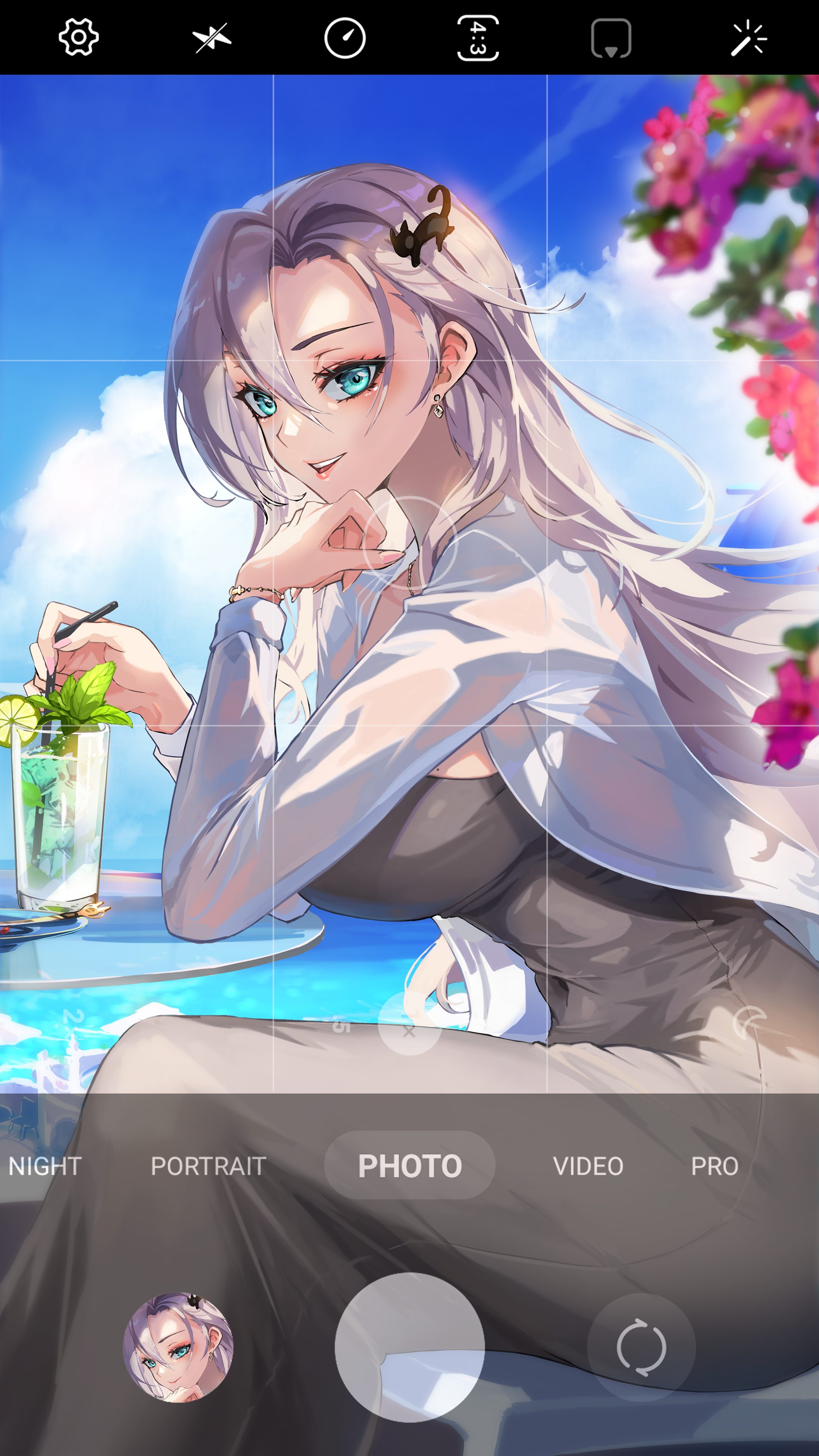 freyja (master of eternity), master of eternity, absurdres, artist request, bad source, commentary request, highres, korean commentary, variant set, 1girl, aqua eyes, blue sky, breasts, cat hair ornament, chair, cloud, cloudy sky, cup, day, dress, drink, drinking glass, earrings, elbow on table, fake phone screenshot, fake screenshot, flower, food, from side, fruit, glass table, grey dress, grey hair, hair ornament, hand on own chin, ice, ice cube, jewelry, large breasts, lime (fruit), lime slice, long hair, looking at viewer, ocean, on chair, open clothes, open shirt, outdoors, pink flower, round table, see-through clothes, see-through shirt, shirt, sitting, sky, smile, solo, strapless, strapless dress, sunlight, table, terrace, tight clothes, umbrella, white shirt