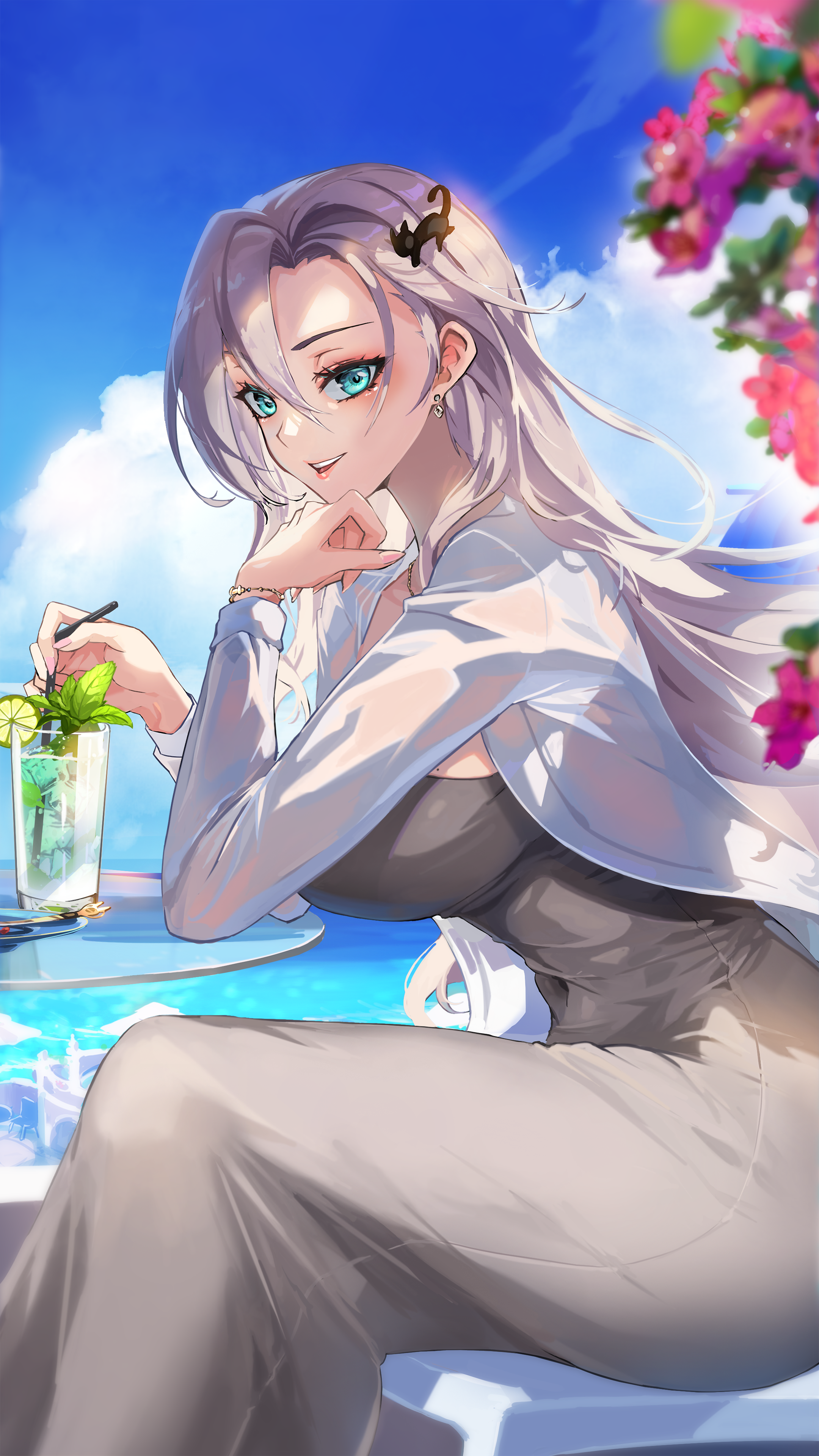 freyja (master of eternity), master of eternity, absurdres, artist request, bad source, commentary request, highres, korean commentary, variant set, 1girl, aqua eyes, blue sky, breasts, cat hair ornament, chair, cloud, cloudy sky, cup, day, dress, drink, drinking glass, earrings, elbow on table, flower, food, from side, fruit, glass table, grey dress, grey hair, hair ornament, hand on own chin, ice, ice cube, jewelry, large breasts, lime (fruit), lime slice, long hair, looking at viewer, ocean, on chair, open clothes, open mouth, open shirt, outdoors, pink flower, round table, see-through clothes, see-through shirt, shirt, sitting, sky, smile, solo, strapless, strapless dress, sunlight, table, teeth, terrace, tight clothes, umbrella, upper teeth only, white shirt
