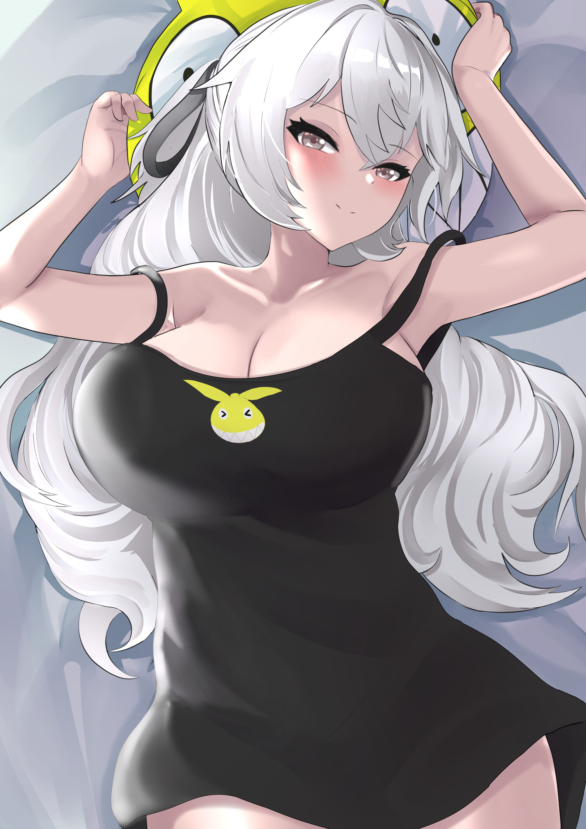 tian kazuki, bronya zaychik, bronya zaychik (silverwing: n-ex), homu (honkai impact), honkai (series), honkai impact 3rd, absurdres, commentary, highres, paid reward available, 1girl, armpits, bare shoulders, black nightgown, breasts, cleavage, grey eyes, grey hair, large breasts, long hair, lying, nightgown, on back, solo, very long hair