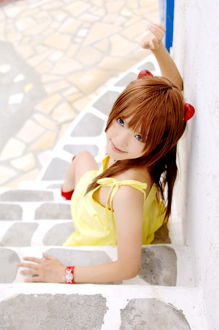 kipi-san, souryuu asuka langley, neon genesis evangelion, red footwear, photo (medium), 1girl, asian, bare legs, blue eyes, breasts, choker, color contacts, cosplay, dress, female focus, hairpods, long hair, looking at viewer, looking back, orange hair, outdoors, petite, short dress, sitting, small breasts, solo, souryuu asuka langley (cosplay), sundress, two side up
