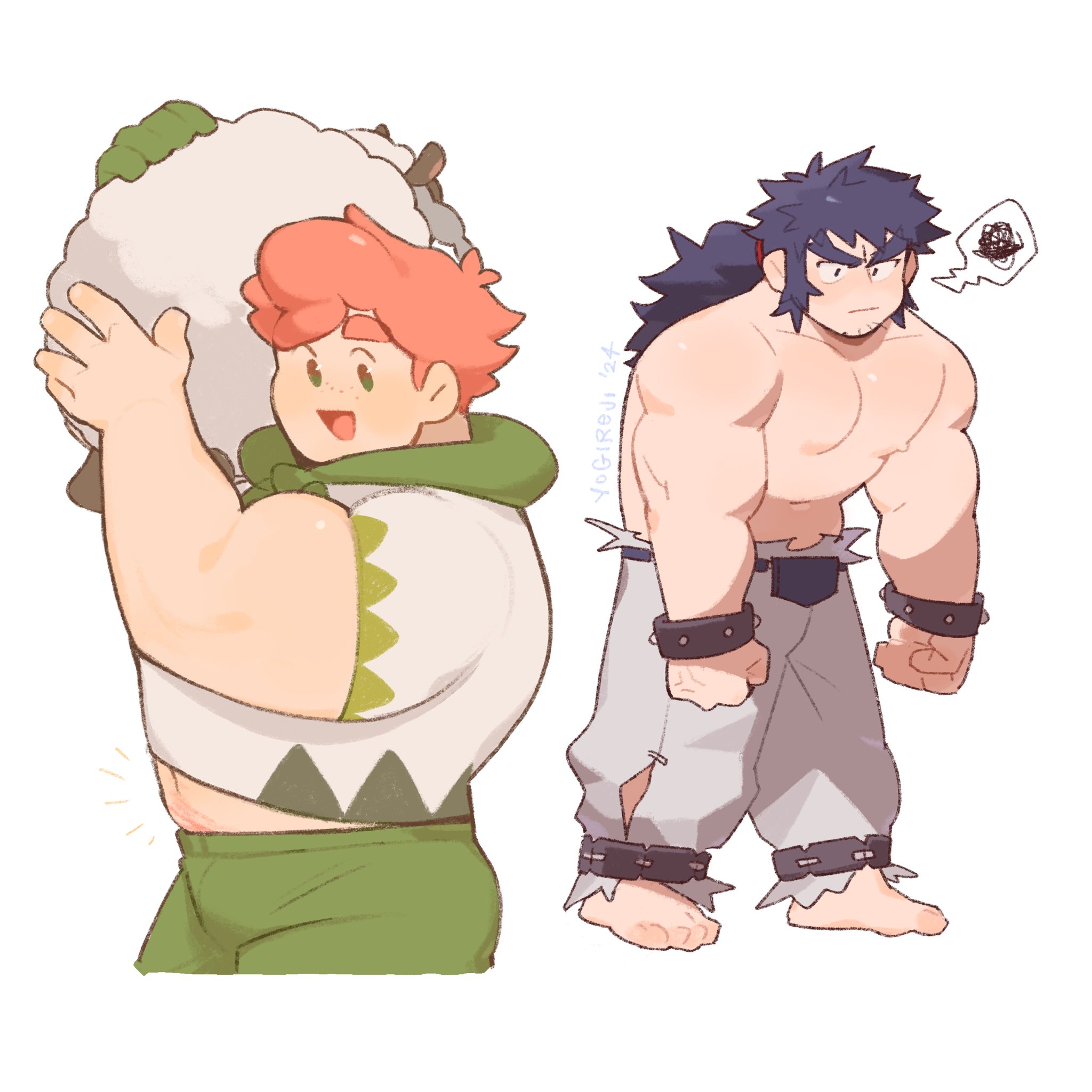 yogireji, bruno (pokemon), milo (pokemon), wooloo, nintendo, pokemon, commentary, english commentary, highres, 1other, 2boys, anklet, bara, beard stubble, black hair, bracelet, closed mouth, facial hair, gen 8 pokemon, green shorts, holding, holding pokemon, jewelry, looking to the side, male focus, multiple boys, muscular, muscular male, nipples, open mouth, orange hair, pants, pectorals, pokemon (creature), shirt, shorts, smile, speech bubble, spiked bracelet, spikes, spoken squiggle, squiggle, stubble, topless male, torn clothes, torn pants, white pants, white shirt