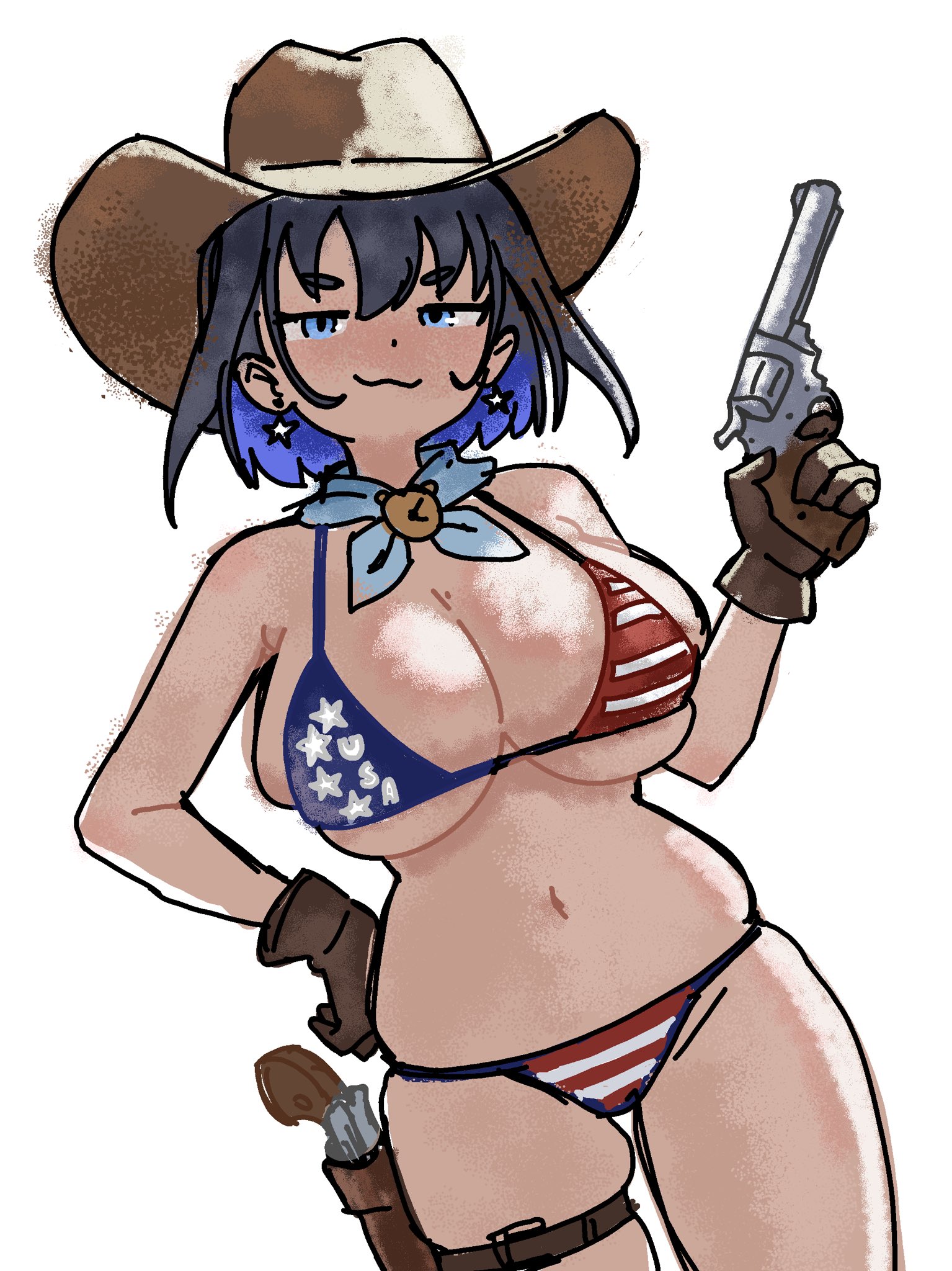 fruithead, ouro kronii, hololive, hololive english, commentary, english commentary, highres, 1girl, american flag, american flag bikini, american flag print, bikini, black hair, blue eyes, breasts, brown gloves, cleavage, closed mouth, cowboy hat, earrings, flag print, flag print bikini, gloves, gun, hand on own hip, handgun, hat, holding, holding gun, holding weapon, holster, jewelry, large breasts, print bikini, simple background, star (symbol), star earrings, swimsuit, thigh holster, thigh strap, virtual youtuber, weapon