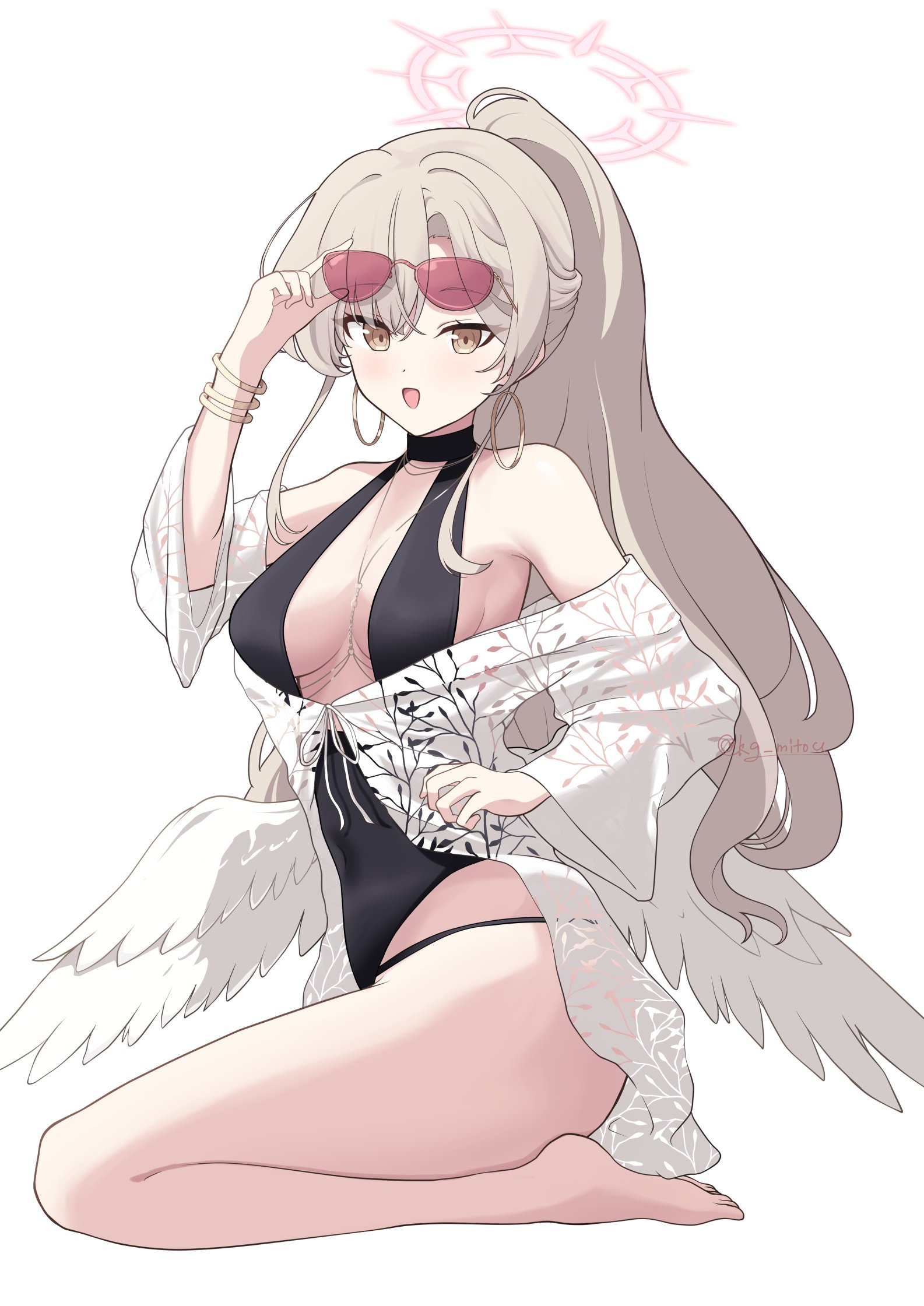 kawagata mitou, nagisa (blue archive), nagisa (swimsuit) (blue archive), blue archive, highres, 1girl, angel wings, black one-piece swimsuit, feathered wings, halo, low wings, official alternate costume, official alternate hairstyle, one-piece swimsuit, pink halo, simple background, solo, swimsuit, white background, white wings, wings