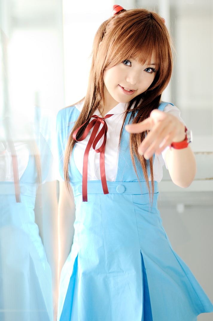 kipi-san, neon genesis evangelion, photo (medium), 1girl, asian, blue eyes, breasts, color contacts, cosplay, female focus, hairpods, long hair, looking at viewer, orange hair, petite, pointing, pointing at viewer, school uniform, skirt, small breasts, solo, souryuu asuka langley (cosplay), suspender skirt, suspenders, tokyo-3 middle school uniform, two side up