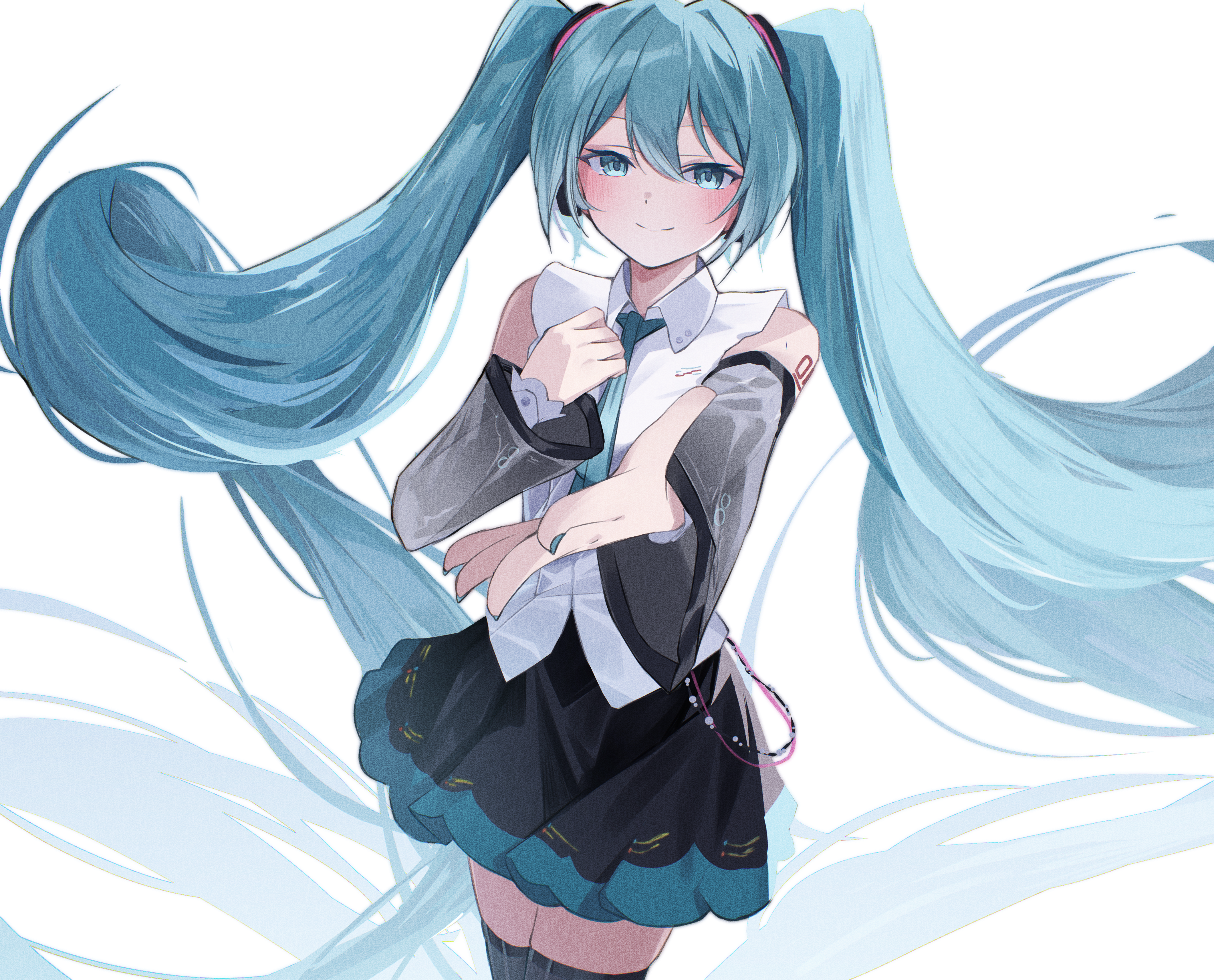 supic1711, hatsune miku, hatsune miku (nt), vocaloid, absurdres, highres, 1girl, aqua eyes, aqua hair, aqua nails, aqua necktie, aqua trim, black skirt, blush, closed mouth, collared shirt, detached sleeves, hair between eyes, hair ornament, long hair, long sleeves, looking at viewer, necktie, official alternate costume, pleated skirt, reaching, reaching towards viewer, shirt, simple background, skirt, sleeveless, sleeveless shirt, smile, solo, thighhighs, very long hair, white background, white shirt, wide sleeves, zettai ryouiki