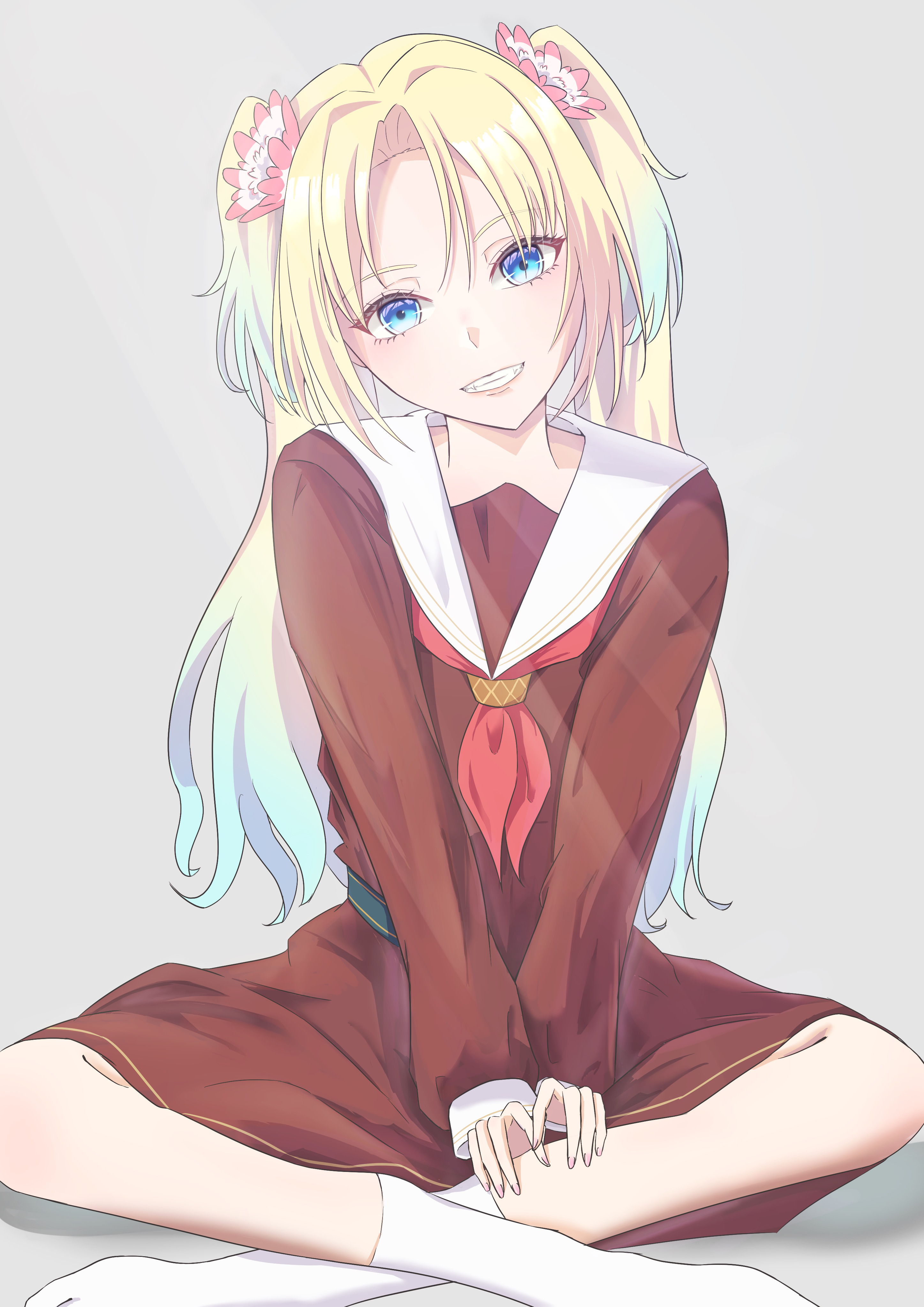 caricariume, osawa rurino, link! like! love live!, love live!, absurdres, commentary request, highres, 1girl, blonde hair, blue eyes, blue hair, brown dress, curtained hair, dress, flower, gradient hair, grey background, grin, hair flower, hair ornament, hasu no sora school uniform, indian style, long sleeves, looking at viewer, multicolored hair, neckerchief, no shoes, parted bangs, pink flower, red neckerchief, sailor collar, sailor dress, school uniform, simple background, sitting, sleeves past wrists, smile, socks, solo, virtual youtuber, white sailor collar, white socks, winter uniform