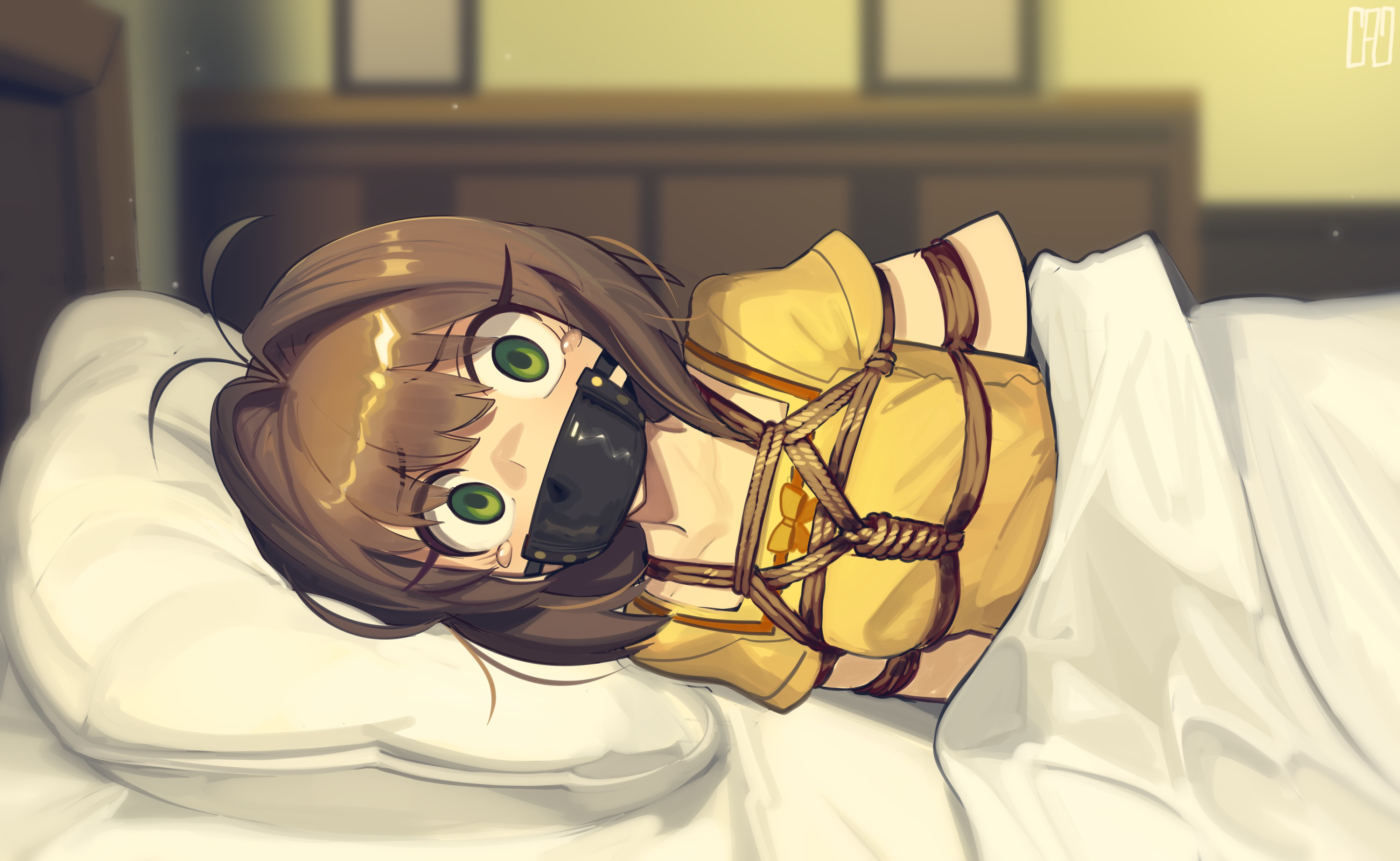 cad (caddo), kinomoto sakura, cardcaptor sakura, boxtie, highres, 1girl, ahoge, arms behind back, breast bondage, breasts, brown hair, collarbone, crying, crying with eyes open, gag, gagged, green eyes, long hair, looking at viewer, lying, on side, panel gag, restrained, shibari, shibari over clothes, shirt, small breasts, solo, tears, under covers, yellow shirt