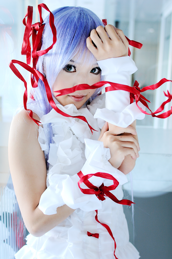 kipi-san, al azif (demonbane), demonbane, photo (medium), 1girl, al azif (cosplay), asian, color contacts, cosplay, dress, female focus, frills, green eyes, hair ribbon, looking at viewer, purple hair, ribbon, solo, wrist cuffs