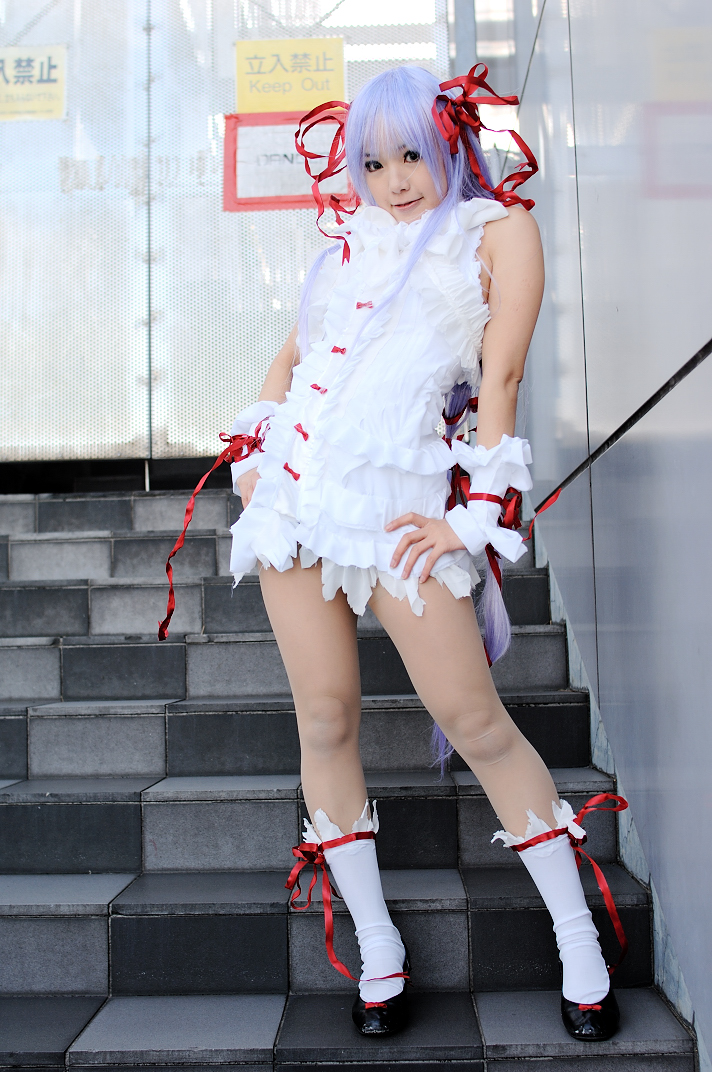 kipi-san, al azif (demonbane), demonbane, photo (medium), 1girl, al azif (cosplay), asian, cosplay, dress, female focus, frills, hair ribbon, looking at viewer, purple hair, ribbon, socks, solo, wrist cuffs