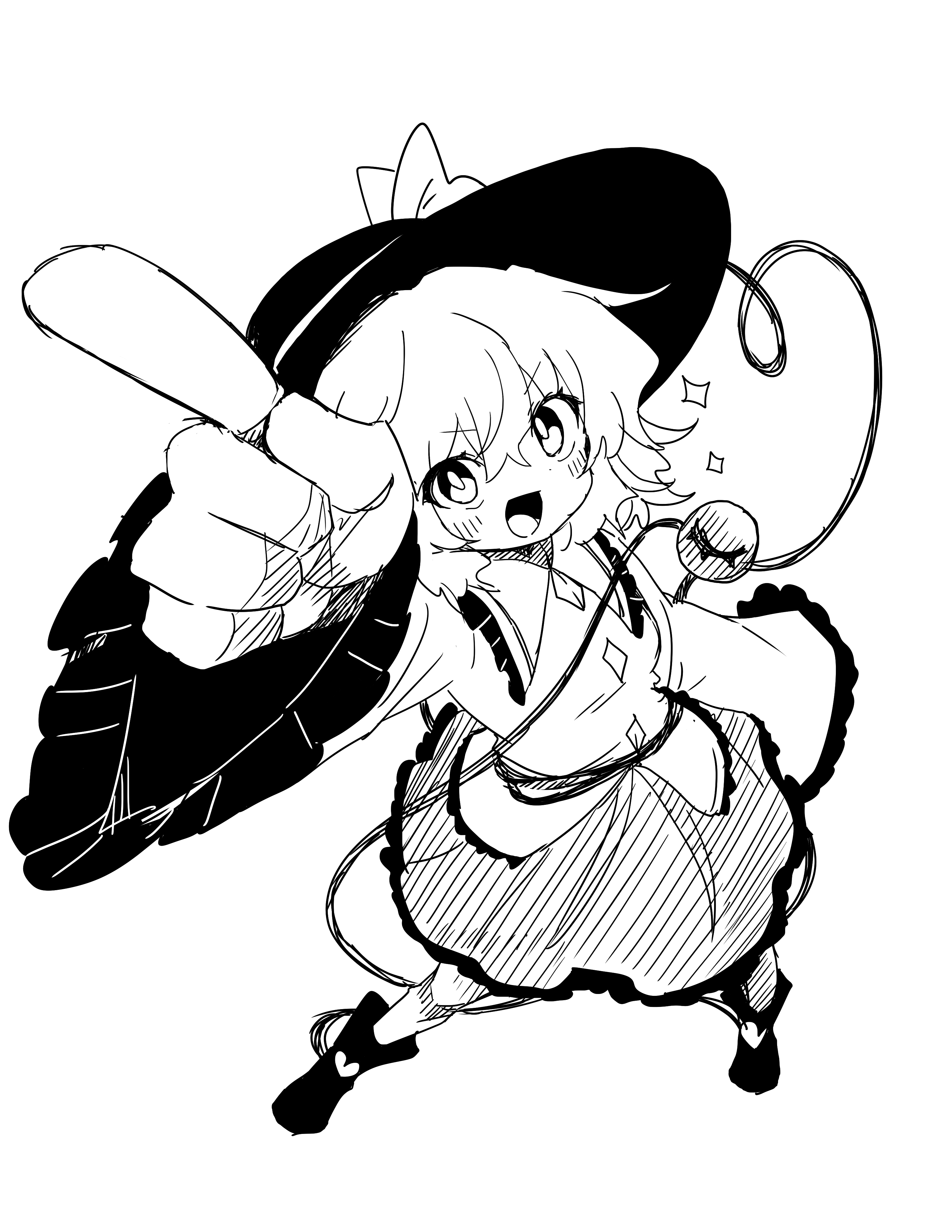 kumanou22, komeiji koishi, touhou, absurdres, commentary request, highres, 1girl, blush, boots, buttons, diamond button, eyeball, finger counting, frilled shirt collar, frilled sleeves, frills, greyscale, hat, hat ribbon, heart, heart of string, long sleeves, looking at viewer, monochrome, open mouth, ribbon, skirt, smile, solo, third eye, wide sleeves