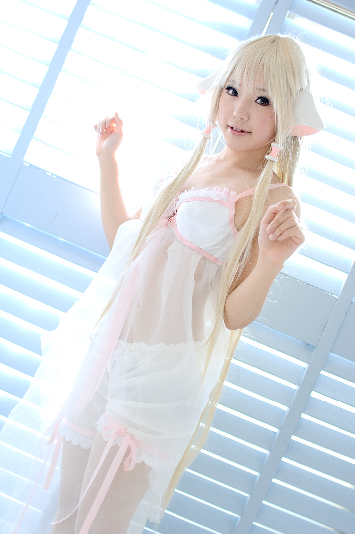 kipi-san, chii, chobits, photo (medium), 1girl, asian, babydoll, blonde hair, bloomers, bra, chii (cosplay), cosplay, dutch angle, female focus, indoors, lingerie, looking at viewer, pantyhose, persocom, solo, underwear