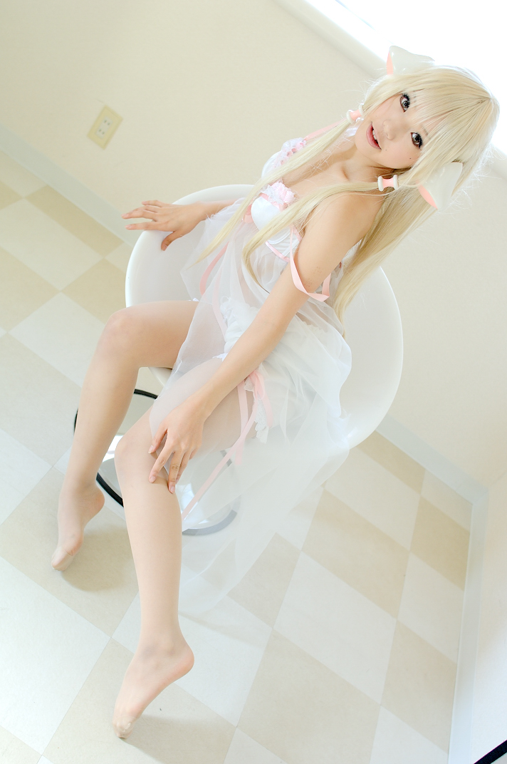 kipi-san, chii, chobits, photo (medium), 1girl, asian, babydoll, blonde hair, bloomers, bra, chii (cosplay), cosplay, dutch angle, female focus, indoors, lingerie, looking at viewer, pantyhose, persocom, solo, underwear