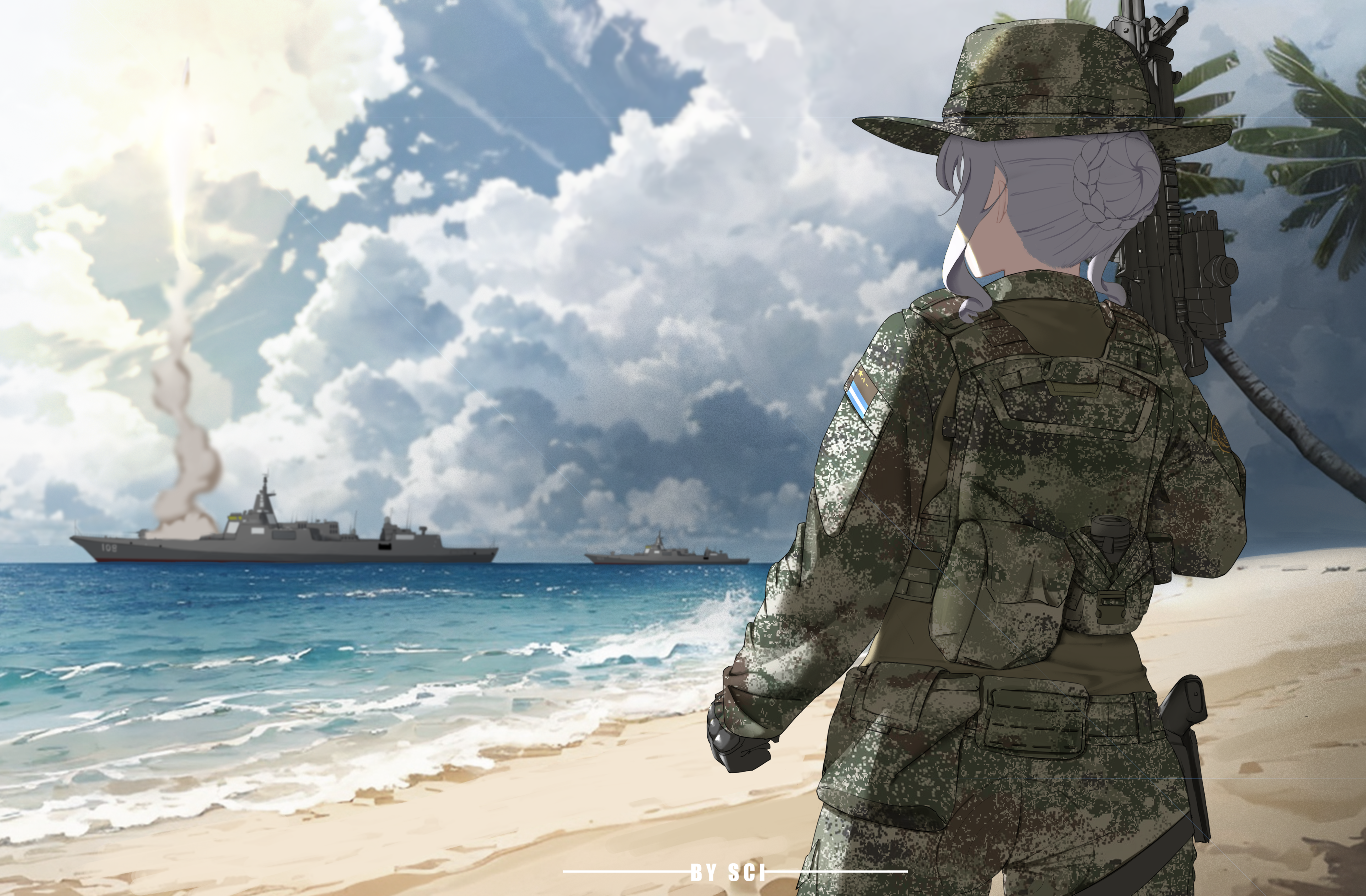 sci (31134306), original, absurdres, highres, 1girl, beach, black gloves, blue sky, boonie hat, camouflage, camouflage headwear, camouflage jacket, camouflage pants, cloud, destroyer, digital camouflage, from behind, gloves, grey hair, gun, hair bun, handgun, hat, jacket, lens flare, looking afar, military hat, military uniform, military vehicle, missile, missile trail, palm tree, pants, people's liberation army, people's liberation army navy, pistol, qbz-191, ship, shore, sky, soldier, tree, type 052 destroyer, vertical launching system (vls), warship, watercraft, weapon