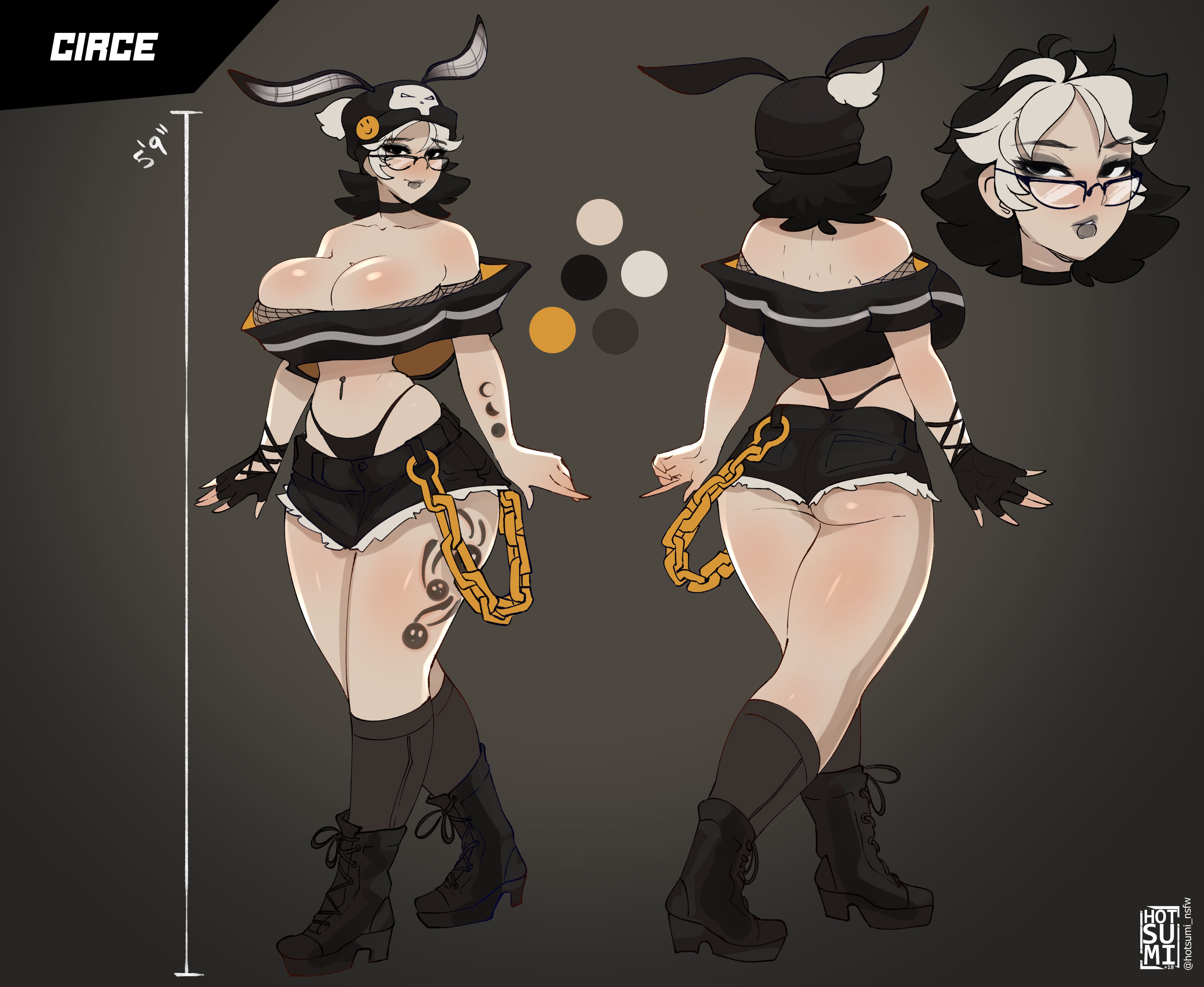hotsumi, original, absurdres, highres, 1girl, animal ears, artist name, ass, bare shoulders, black eyes, black gloves, black hair, black lips, black panties, black shorts, boots, breasts, chain, choker, cleavage, color guide, crop top, fingerless gloves, full body, glasses, gloves, highleg, highleg panties, leg tattoo, multicolored hair, multiple views, off-shoulder shirt, off shoulder, panties, reference sheet, shirt, short shorts, shorts, single glove, tattoo, thong, two-tone hair, underwear, white hair