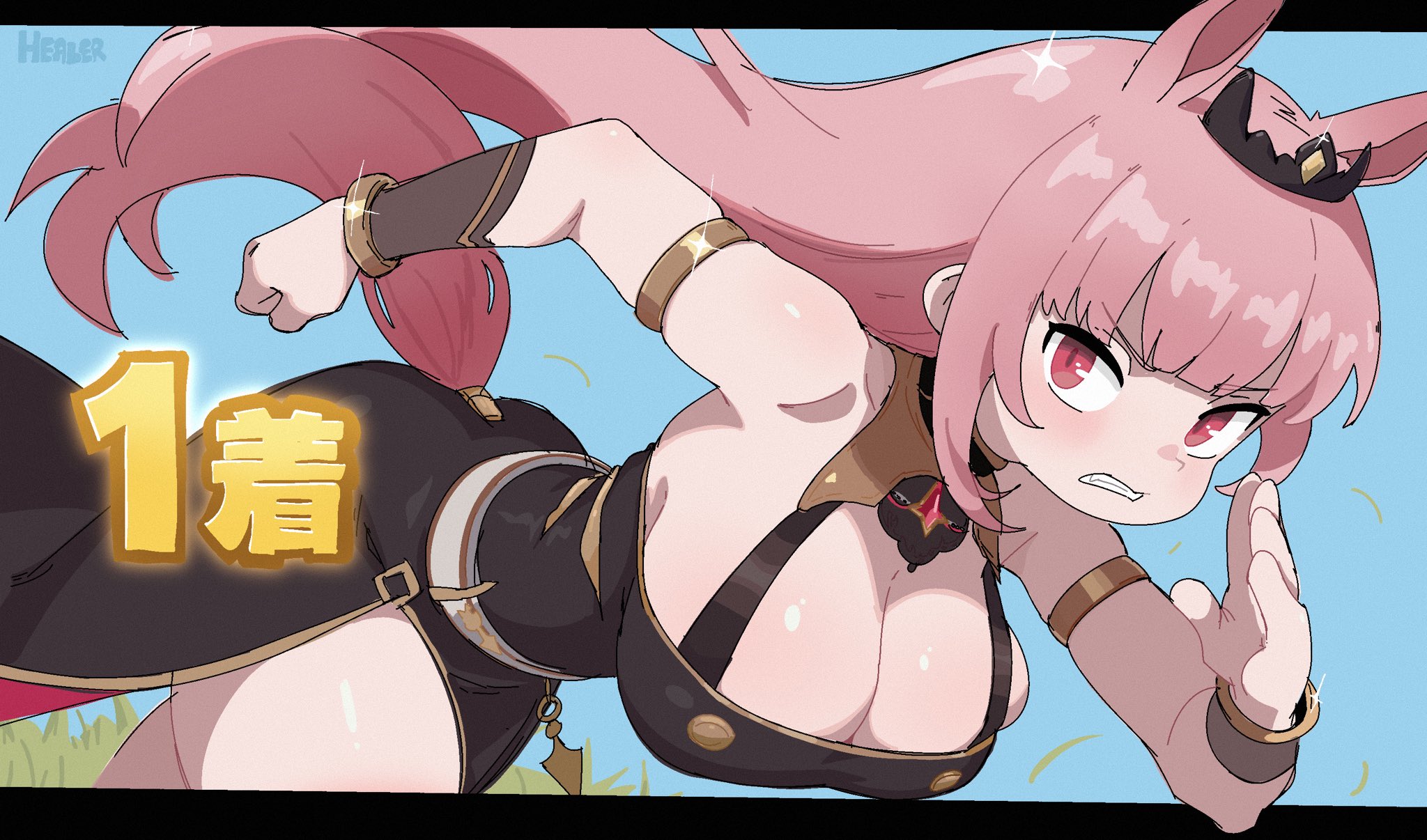 fruithead, mori calliope, mori calliope (1st costume), hololive, hololive english, umamusume, commentary, english commentary, highres, 1girl, animal ears, armlet, bare shoulders, bent over, black dress, blush, breasts, cleavage, clenched teeth, dress, grass, horse ears, horse girl, horse tail, jewelry, kemonomimi mode, large breasts, long hair, looking at viewer, pink hair, red eyes, running, signature, solo, sparkle, tail, teeth, tiara