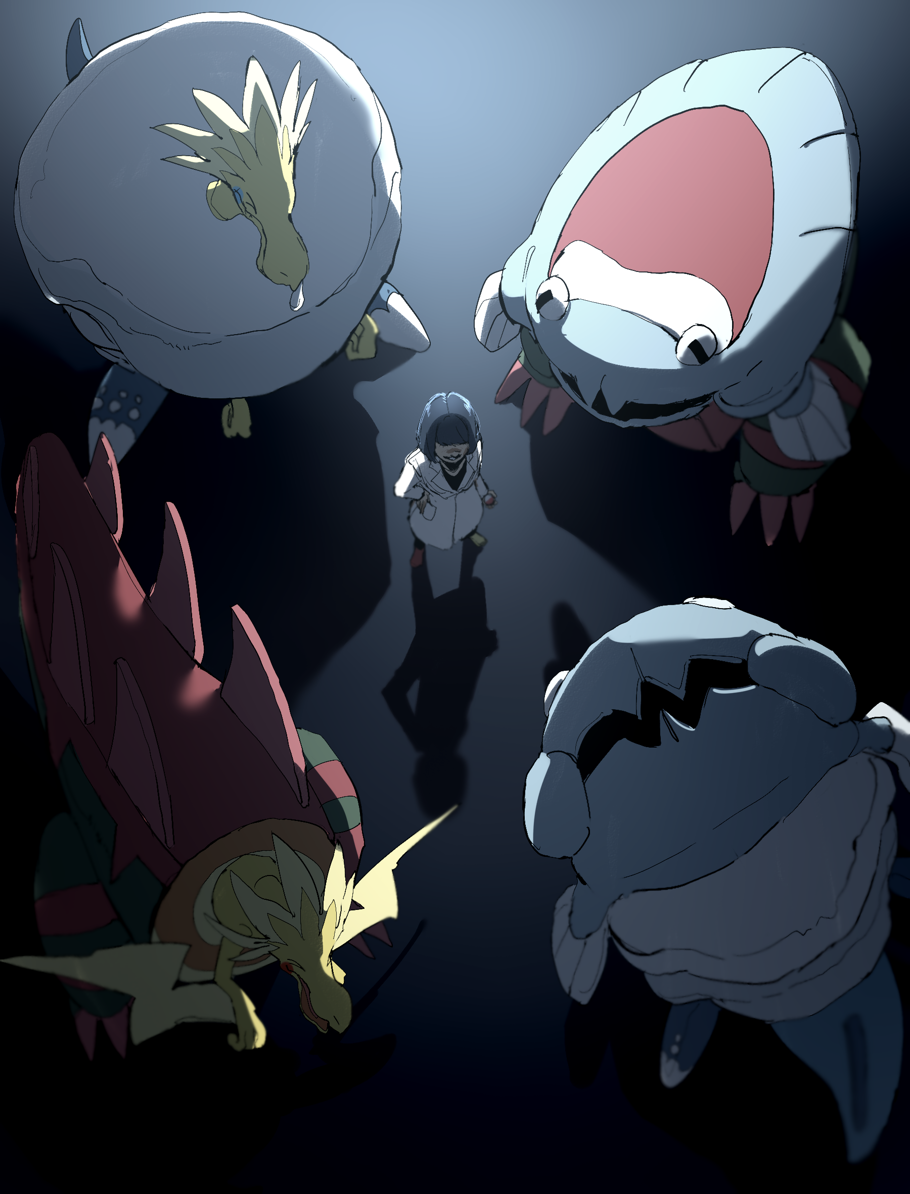 kiroku, arctovish, arctozolt, cara liss, dracovish, dracozolt, nintendo, pokemon, pokemon swsh, highres, 1girl, 4others, asymmetrical footwear, black hair, blue skin, colored skin, from above, gen 8 pokemon, hand on own hip, holding, holding poke ball, lab coat, mismatched footwear, multiple others, poke ball, poke ball (basic), pokemon (creature), shadow, standing