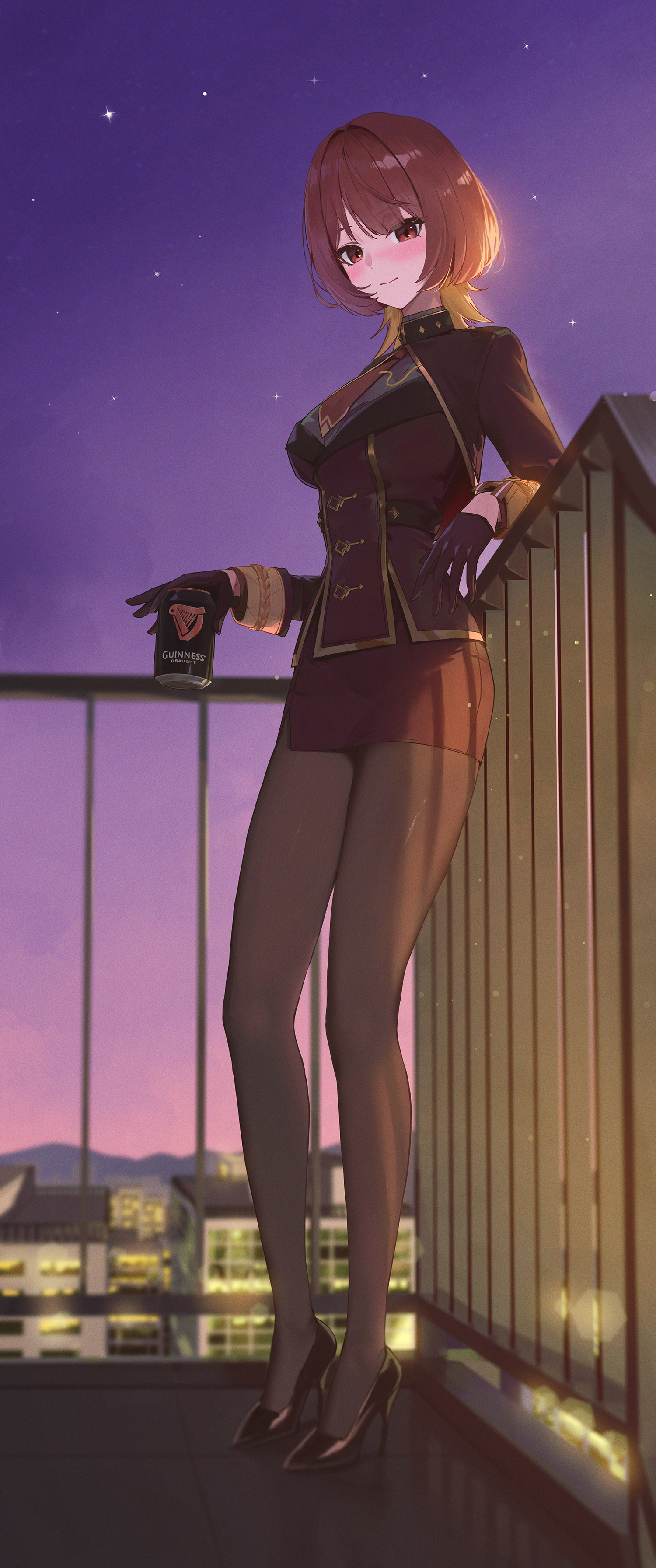 fieryonion, estelle (black survival), black survival, eternal return: black survival, absurdres, commentary, highres, 1girl, belt, black belt, black gloves, black jacket, black pantyhose, black shoes, blonde hair, blush, breasts, brown eyes, brown hair, brown jacket, brown necktie, brown skirt, can, closed mouth, full body, gloves, high heels, holding, holding can, jacket, large breasts, legs, long hair, long sleeves, looking at viewer, miniskirt, multicolored hair, multicolored jacket, necktie, night, night sky, on roof, outdoors, pantyhose, shoes, sidelocks, skirt, sky, solo, standing, star (sky), thighs, two-tone hair, yellow jacket, yellow necktie