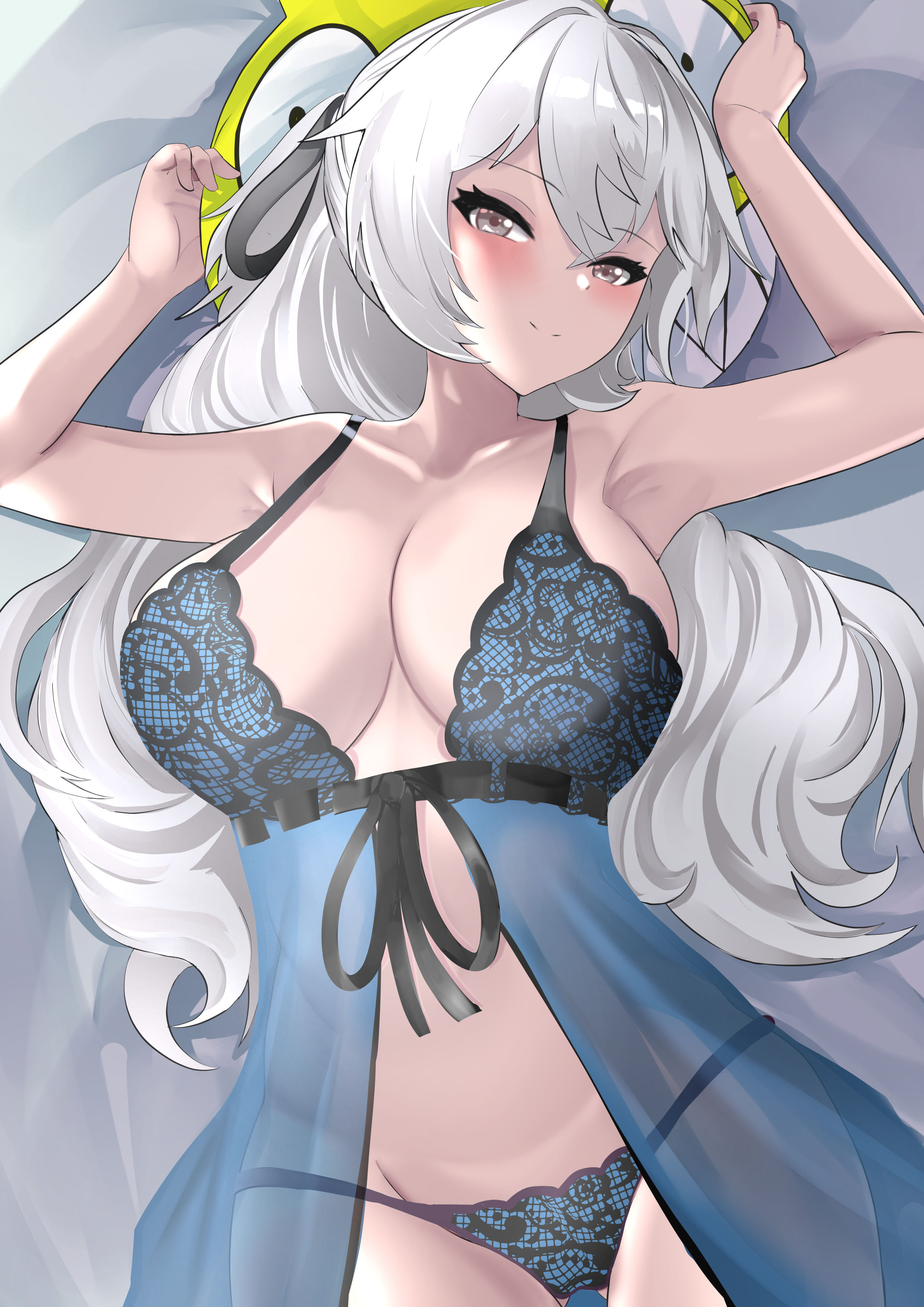 tian kazuki, bronya zaychik, bronya zaychik (silverwing: n-ex), homu (honkai impact), honkai (series), honkai impact 3rd, absurdres, commentary, highres, paid reward available, 1girl, armpits, babydoll, blue babydoll, blue panties, breasts, grey eyes, grey hair, large breasts, long hair, lying, on back, panties, smile, solo, stomach, underwear, very long hair