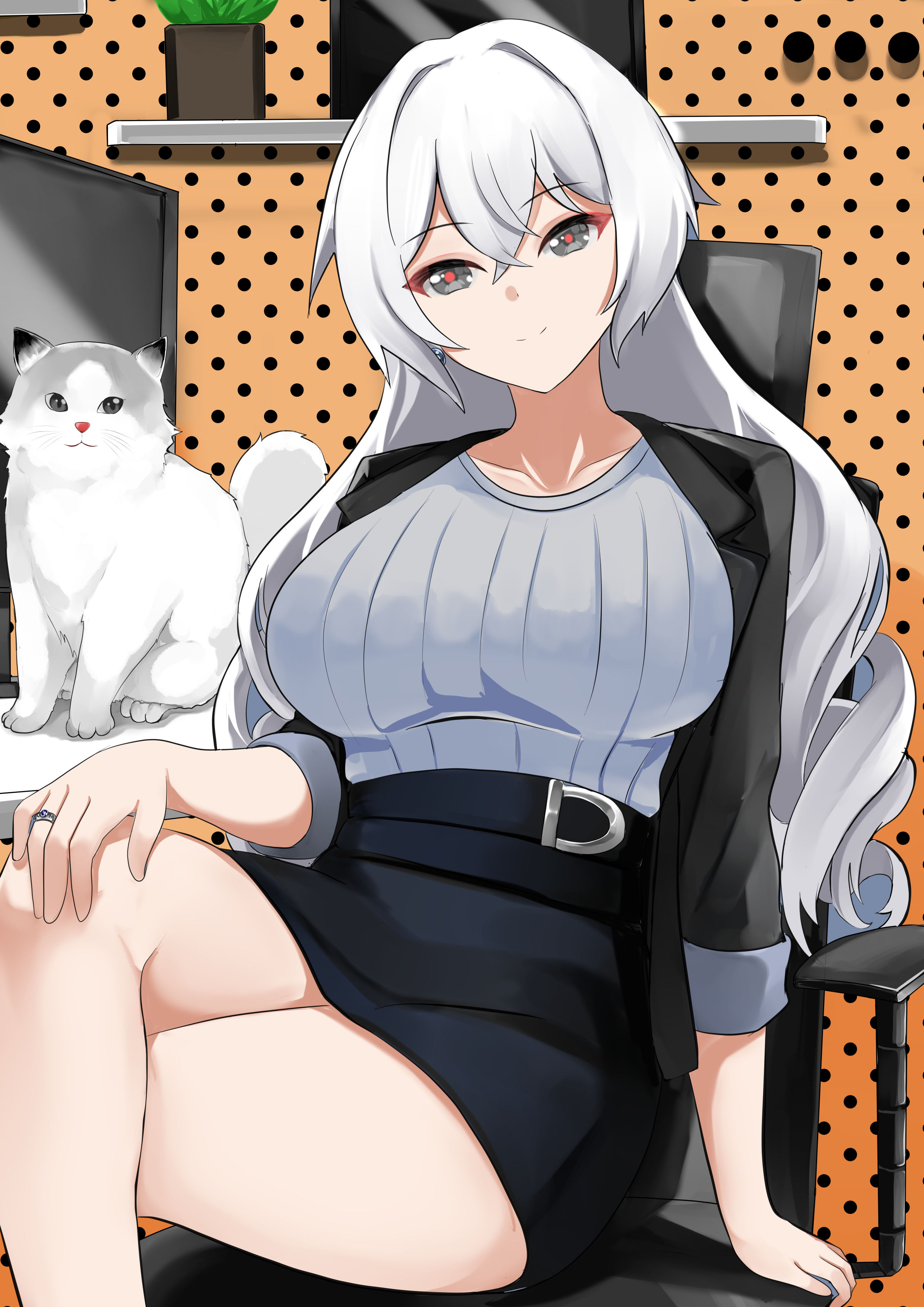 tian kazuki, bronya zaychik, bronya zaychik (outstanding attitude), bronya zaychik (silverwing: n-ex), honkai (series), honkai impact 3rd, absurdres, commentary, highres, 1girl, black skirt, black vest, breasts, cat, chair, crossed legs, drill hair, grey hair, grey sweater, indoors, large breasts, long hair, office, office lady, official alternate costume, on chair, pencil skirt, ribbed sweater, sitting, skirt, smile, solo, sweater, thighs, very long hair, vest