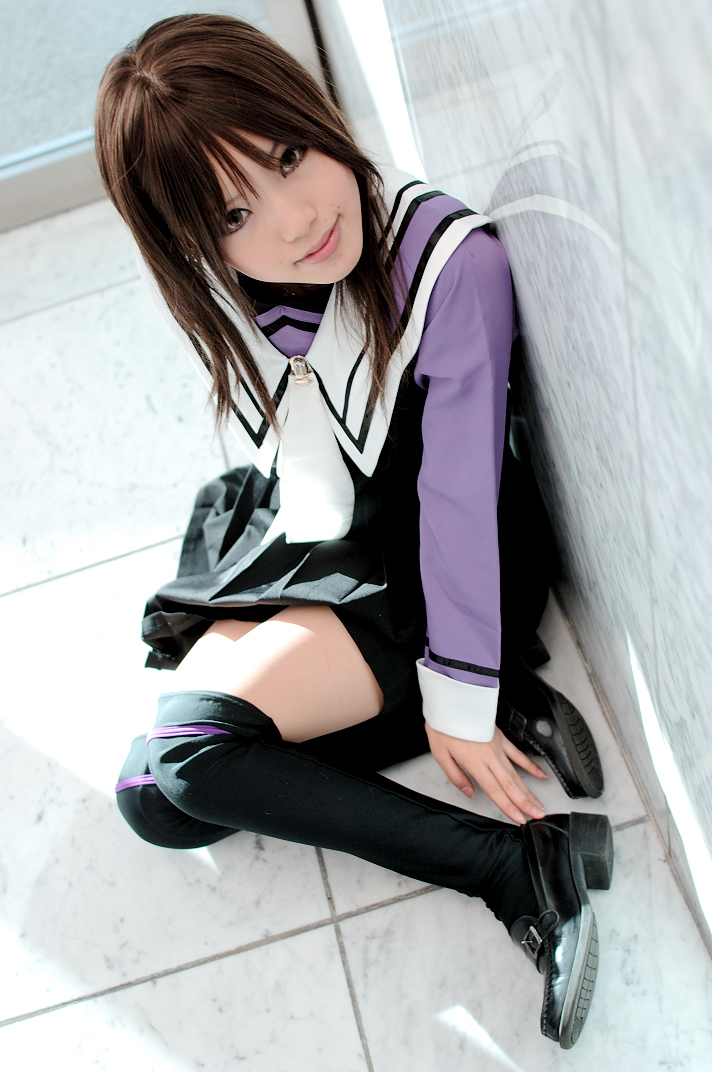 kipi-san, yoshizuki iori, i"s, photo (medium), 1girl, asian, black shoes, brown eyes, brown hair, cosplay, female focus, indoors, looking at viewer, on floor, school uniform, serafuku, shoes, sitting, solo, thighhighs, yoshizuki iori (cosplay), zettai ryouiki