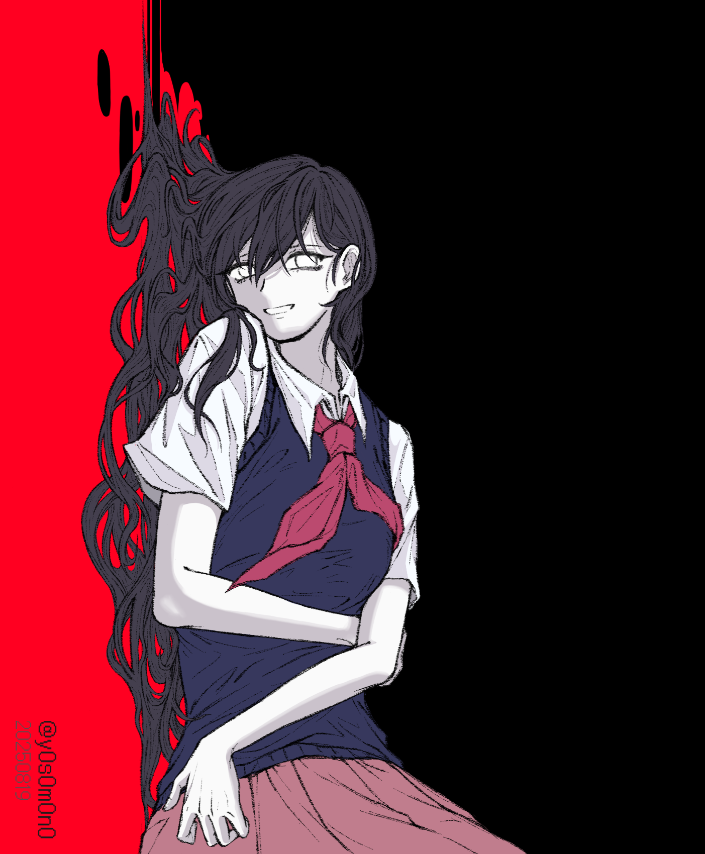 mari (headspace) (omori), mari (omori), omori, commentary, english commentary, highres, 1girl, :d, alternate eye color, alternate hair color, arm under breasts, black background, black hair, breasts, brown skirt, collared shirt, colored skin, double-parted bangs, grin, hair between eyes, hair over shoulder, hair spread out, long hair, lying, medium breasts, messy hair, neckerchief, no pupils, on side, open mouth, pleated skirt, purple sweater vest, red background, red neckerchief, shirt, short sleeves, simple background, skirt, smile, solo, sweater vest, twitter username, two-tone background, upper body, very long hair, wavy hair, white eyes, white shirt, white skin, y0s0m0n0