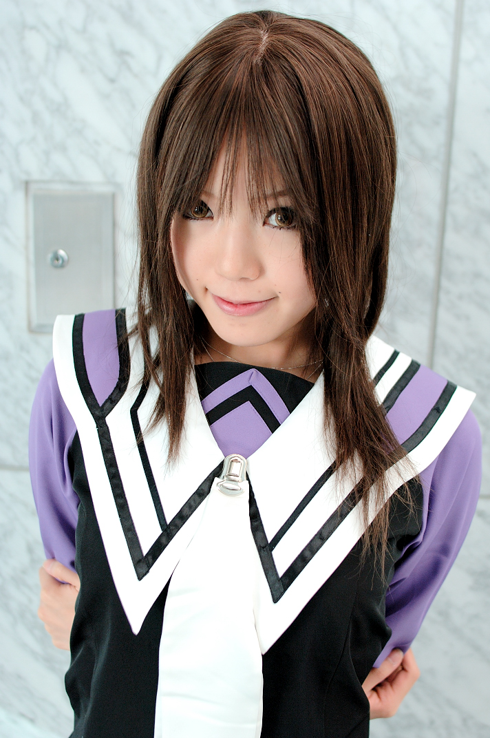 kipi-san, yoshizuki iori, i"s, photo (medium), 1girl, arms behind back, asian, brown eyes, brown hair, cosplay, female focus, looking at viewer, school uniform, serafuku, solo, yoshizuki iori (cosplay)