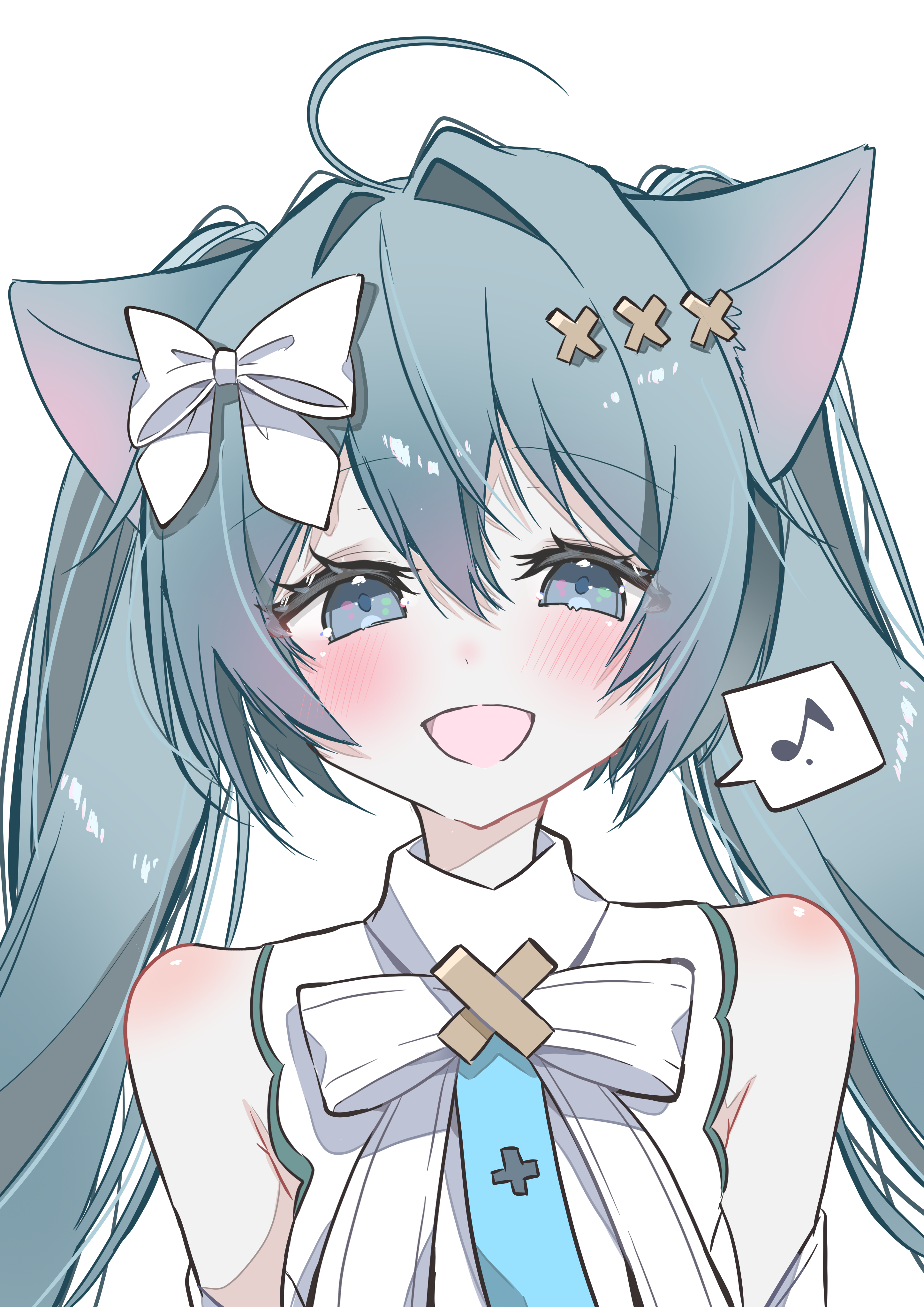 ria art, hatsune miku, hiramado miku, kowareta sekai to utaenai miku, project sekai, vocaloid, absurdres, highres, 1girl, ahoge, animal ears, aqua eyes, aqua hair, blush, bow, cat ears, detached sleeves, dress, hair between eyes, hair bow, hair ornament, musical note, open mouth, simple background, sleeveless, sleeveless dress, smile, solo, spoken musical note, upper body, white background, white bow, white dress, x hair ornament