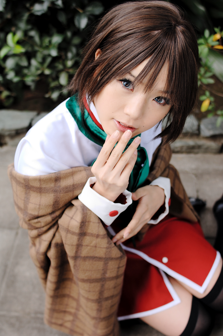 kipi-san, misaka shiori, kanon, photo (medium), 1girl, asian, black thighhighs, blue eyes, brown hair, color contacts, cosplay, female focus, lipstick, looking at viewer, makeup, misaka shiori (cosplay), outdoors, park, school uniform, shawl, short hair, sitting, solo, thighhighs, zettai ryouiki