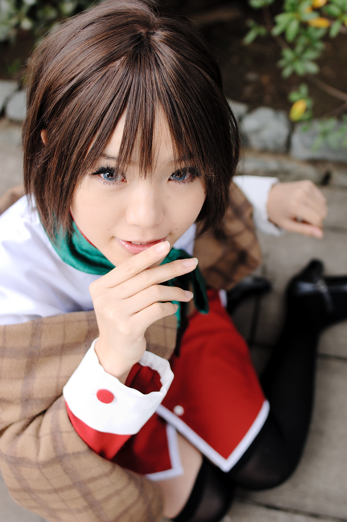 kipi-san, misaka shiori, kanon, photo (medium), 1girl, asian, black thighhighs, blue eyes, brown hair, color contacts, cosplay, female focus, lipstick, looking at viewer, makeup, misaka shiori (cosplay), outdoors, park, school uniform, shawl, short hair, sitting, solo, thighhighs, yokozuwari, zettai ryouiki