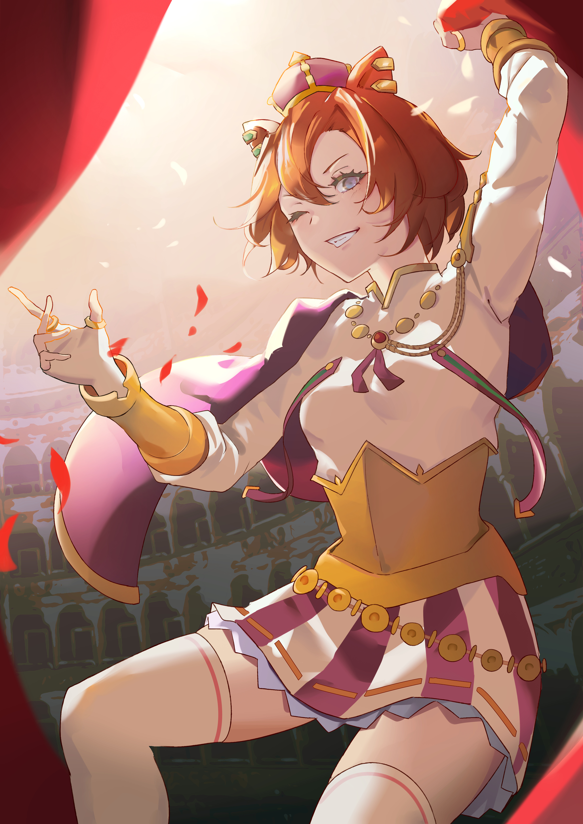 vii (joshuayuen), t.m. opera o (umamusume), umamusume, absurdres, highres, 1girl, animal ears, arched crown, crown, curtains, earrings, grey eyes, grin, horse ears, horse girl, jewelry, mini crown, ring, shirt, short hair, smile, solo, stage curtains, thighhighs, white shirt, white thighhighs