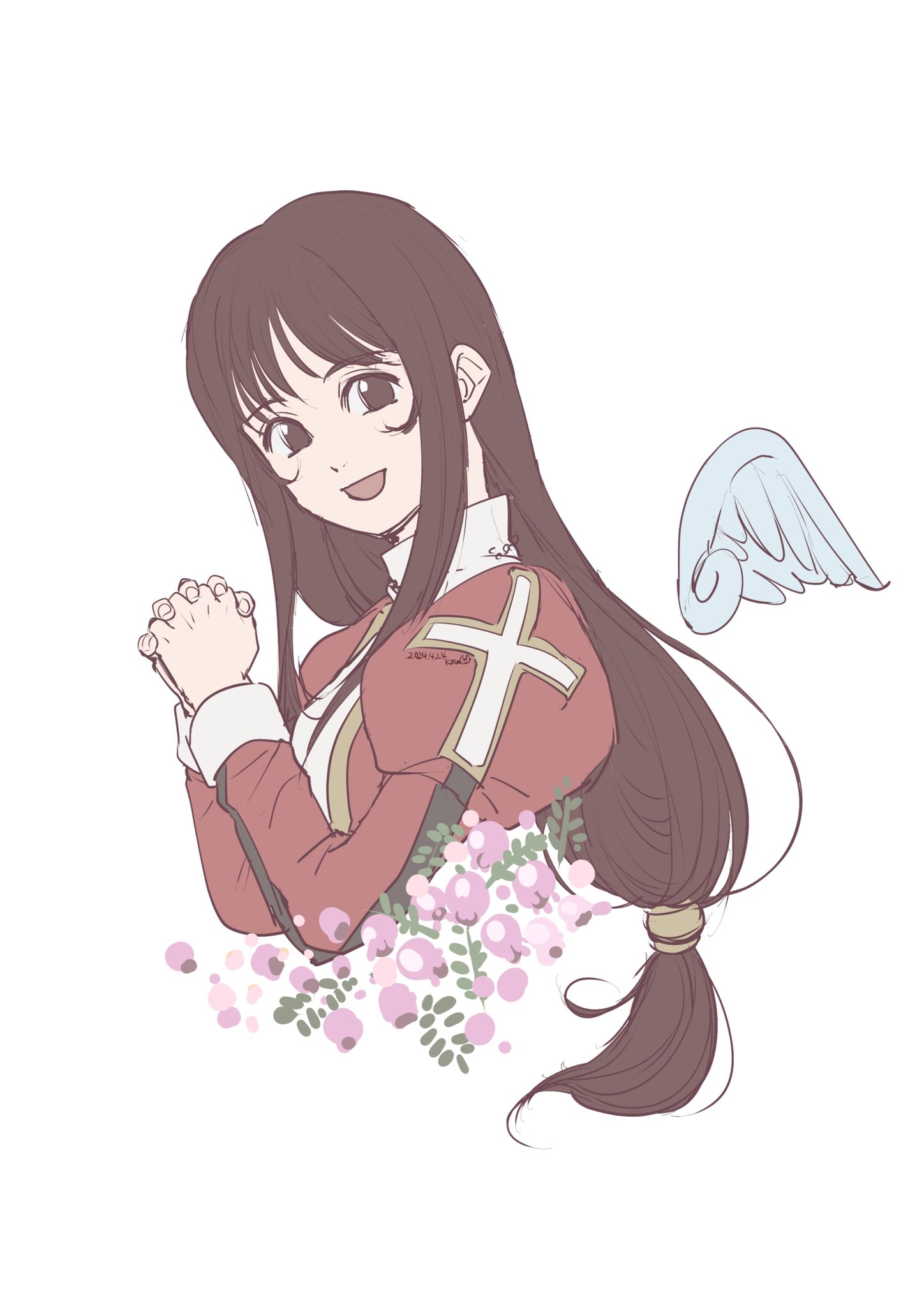 kou (kounotori69), erica fontaine, sakura taisen, sakura taisen iii, highres, angel wings, blush, brown eyes, brown hair, collar, cross, dress, from side, juliet sleeves, latin cross, long hair, long sleeves, looking at viewer, low-tied long hair, open mouth, own hands clasped, own hands together, puffy sleeves, red dress, sidelocks, white collar, wings