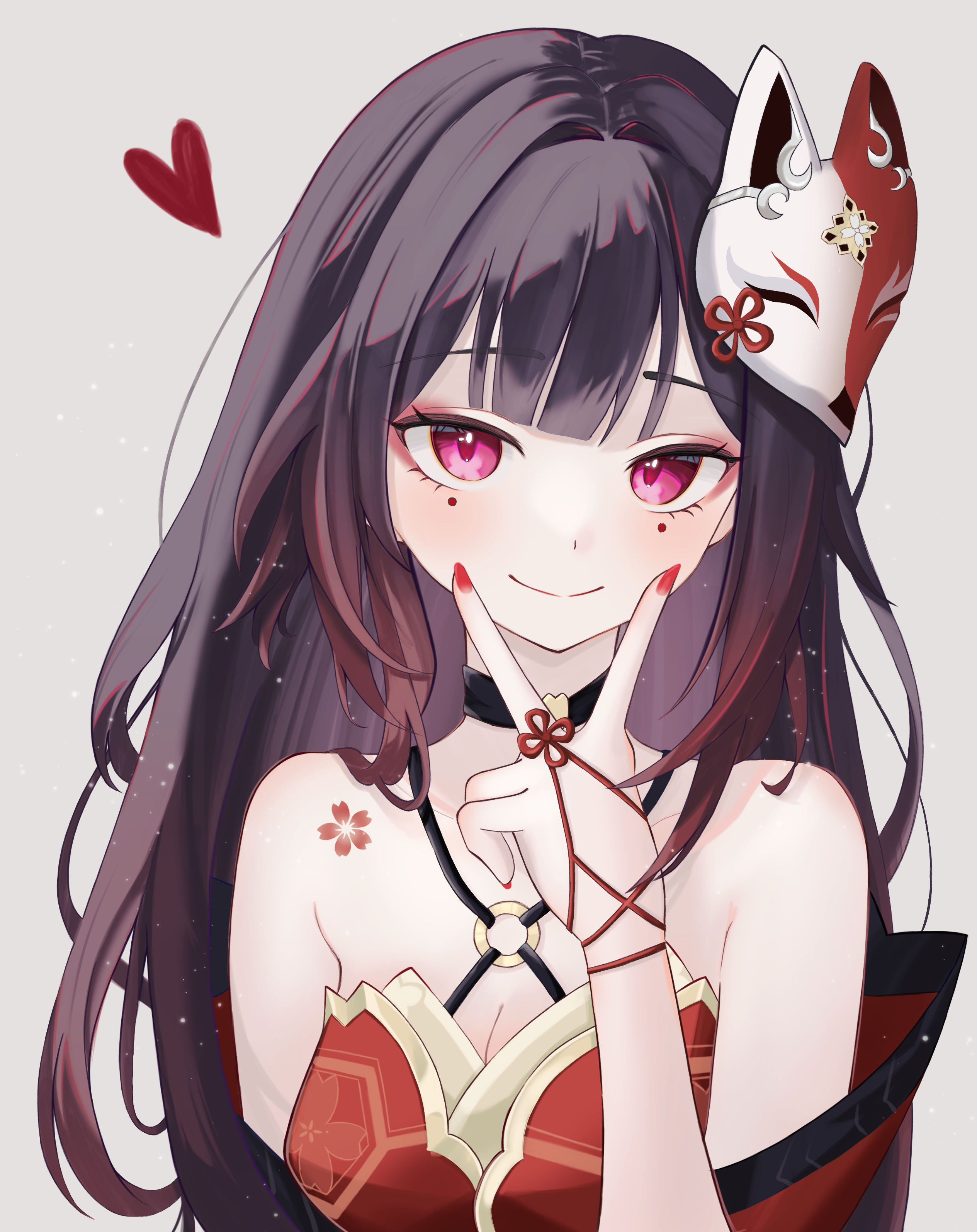 sparkle (honkai: star rail), honkai: star rail, honkai (series), absurdres, highres, 0 tsunamayo 0, 1girl, alternate hairstyle, bare shoulders, black choker, blush, breasts, brown hair, choker, cleavage, closed mouth, fox mask, japanese clothes, kimono, long hair, looking at viewer, mask, medium breasts, mole, mole under each eye, mole under eye, multiple moles, pink eyes, red kimono, red nails, sleeveless, sleeveless kimono, smile, solo, unworn mask, v