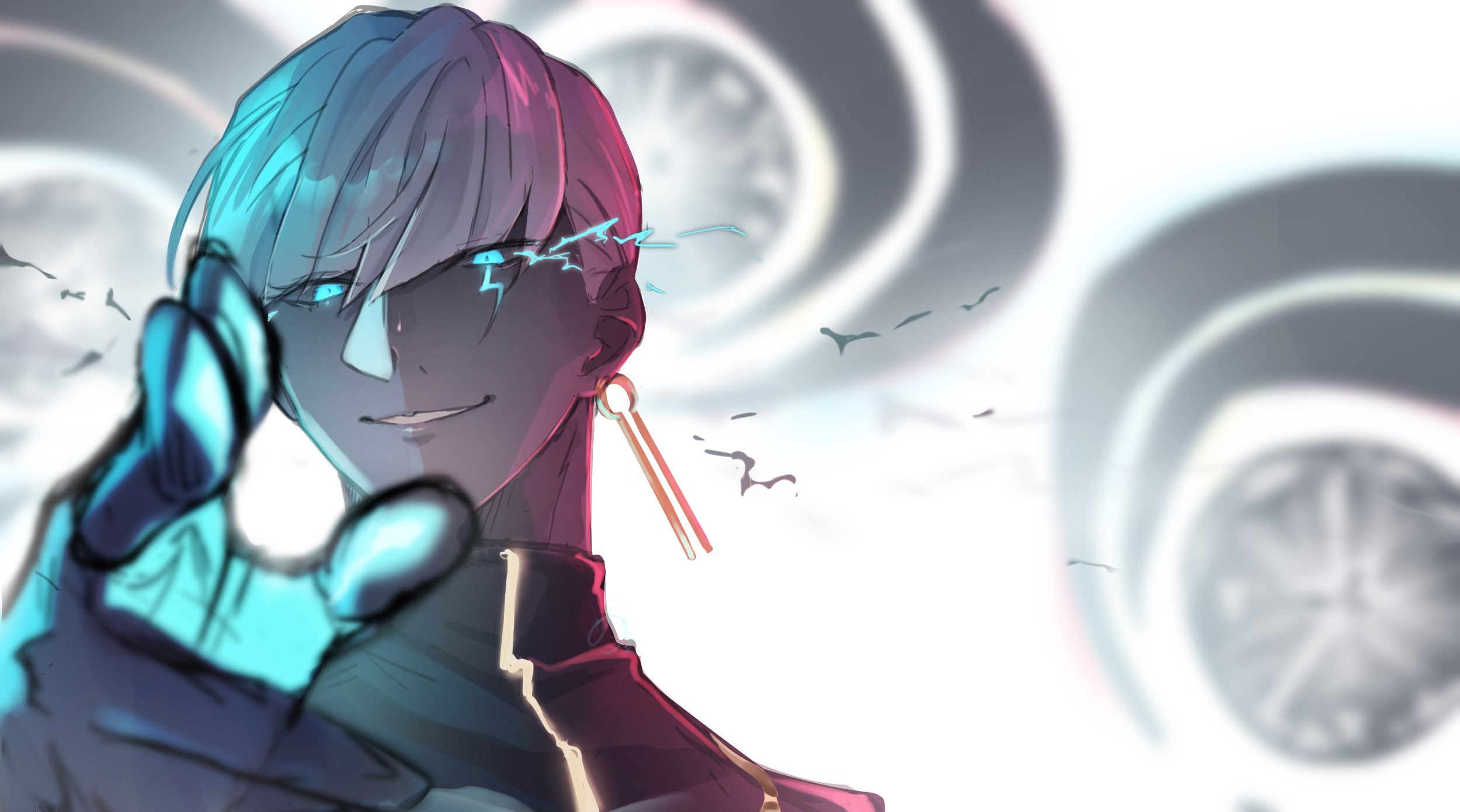 miagawari011128, indra (fate), fate/grand order, fate (series), highres, 1boy, blue eyes, blurry, colored sclera, colored skin, dark-skinned male, dark skin, depth of field, earrings, grey sclera, grey skin, jewelry, lightning bolt facial mark, lightning bolt symbol, looking at viewer, male focus, pointing, short hair, smile, solo, white hair