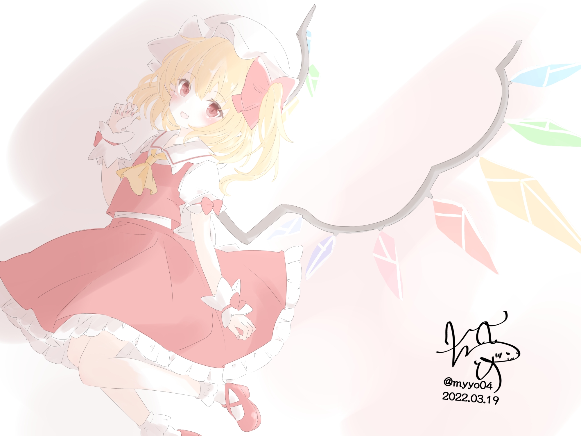 chame (myyo04), flandre scarlet, touhou, commentary request, highres, 1girl, ascot, blonde hair, blush, bow, crystal, crystal wings, dated, hair bow, hat, looking at viewer, mob cap, multicolored wings, one side up, open mouth, red bow, red eyes, red shoes, red skirt, red vest, shoes, signature, skirt, skirt set, sleeve bow, smile, socks, solo, twitter username, vest, white hat, white socks, wings, yellow ascot