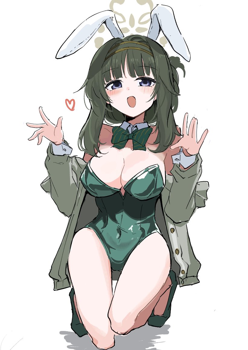 bone hiko, tsumugi (blue archive), blue archive, 1girl, alternate costume, animal ears, blush, bow, bowtie, breasts, cleavage, covered navel, detached collar, fake animal ears, green bow, green bowtie, green hair, green leotard, green shoes, halo, heart, large breasts, leotard, long hair, looking at viewer, open mouth, playboy bunny, rabbit ears, shoes, simple background, smile, solo, strapless, strapless leotard, white background, wrist cuffs
