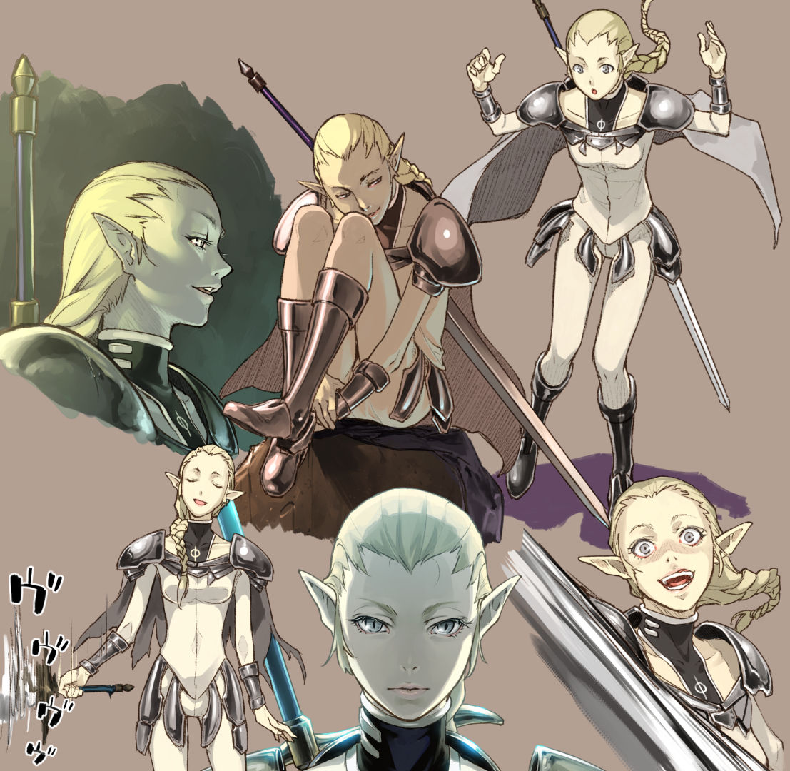 hidari (left side), ophelia (claymore), claymore (series), 1girl, armor, blonde hair, bodysuit, braid, breasts, cape, closed mouth, grey eyes, holding, holding sword, holding weapon, lips, long hair, looking at viewer, open mouth, pauldrons, pointy ears, shoulder armor, single braid, smile, solo, sword, weapon
